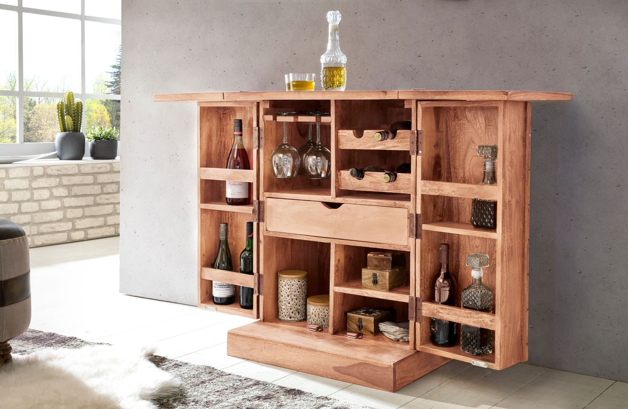 Wohnling Barschrank WL1.736 (Hausbar Akazie Massivholz 65x91x50 cm mit Türen) Weinbar Ausklappbar, Barschrank, Kleine Bar Buffet