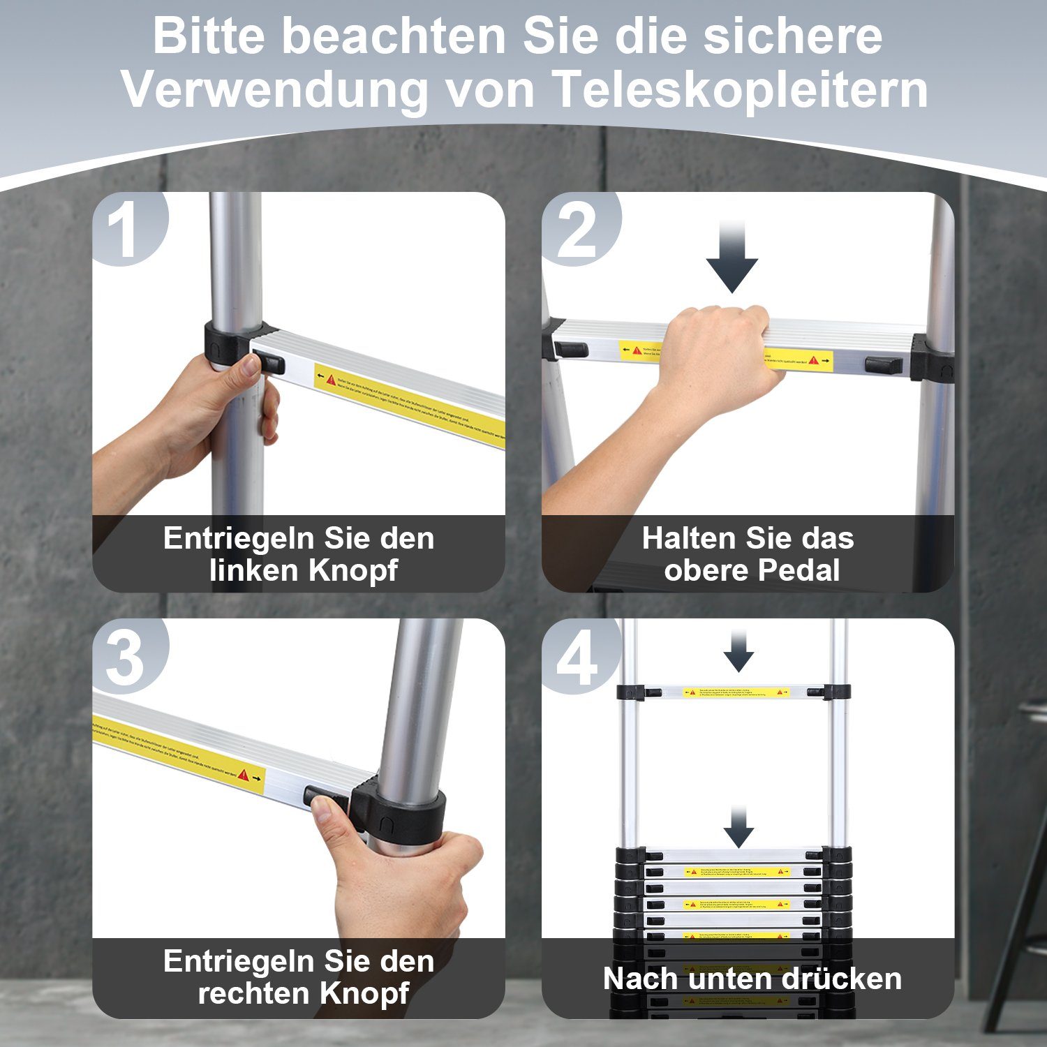 Gimisgu Teleskopleiter Teleskopleiter Alu 2.5+2.5m mit Stabilisator Rädern Anlegeleiter gelb