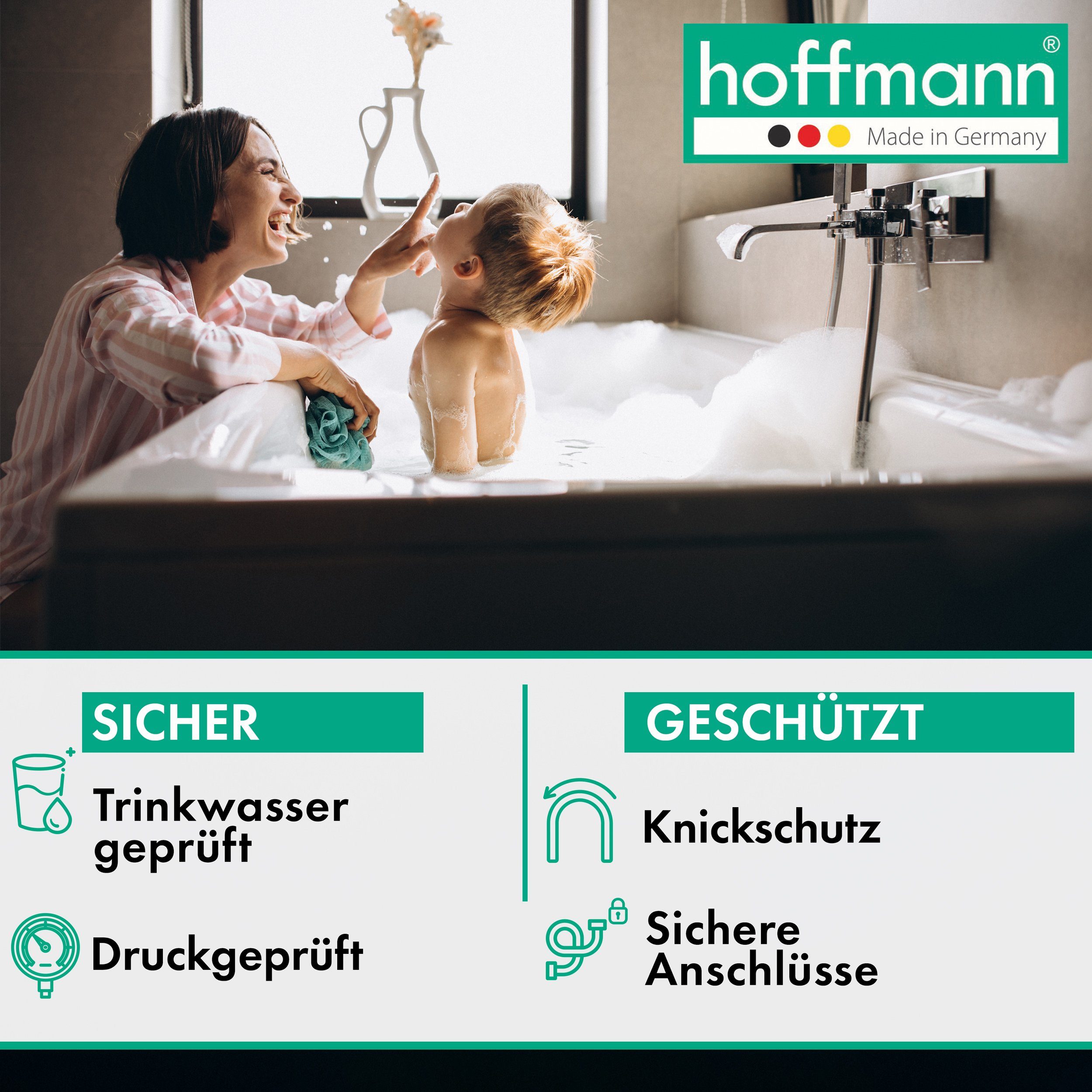 hoffmann Made in Germany Brauseschlauch Brauseschlauch 175cm Basic aus Kunstoff mit Chrome, 175 cm Duschschlauch aus Edelstahl, Standard 1/2
