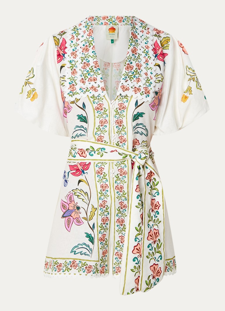 Farm Rio Floral Insects loose-fit playsuit in linen blend with tie belt