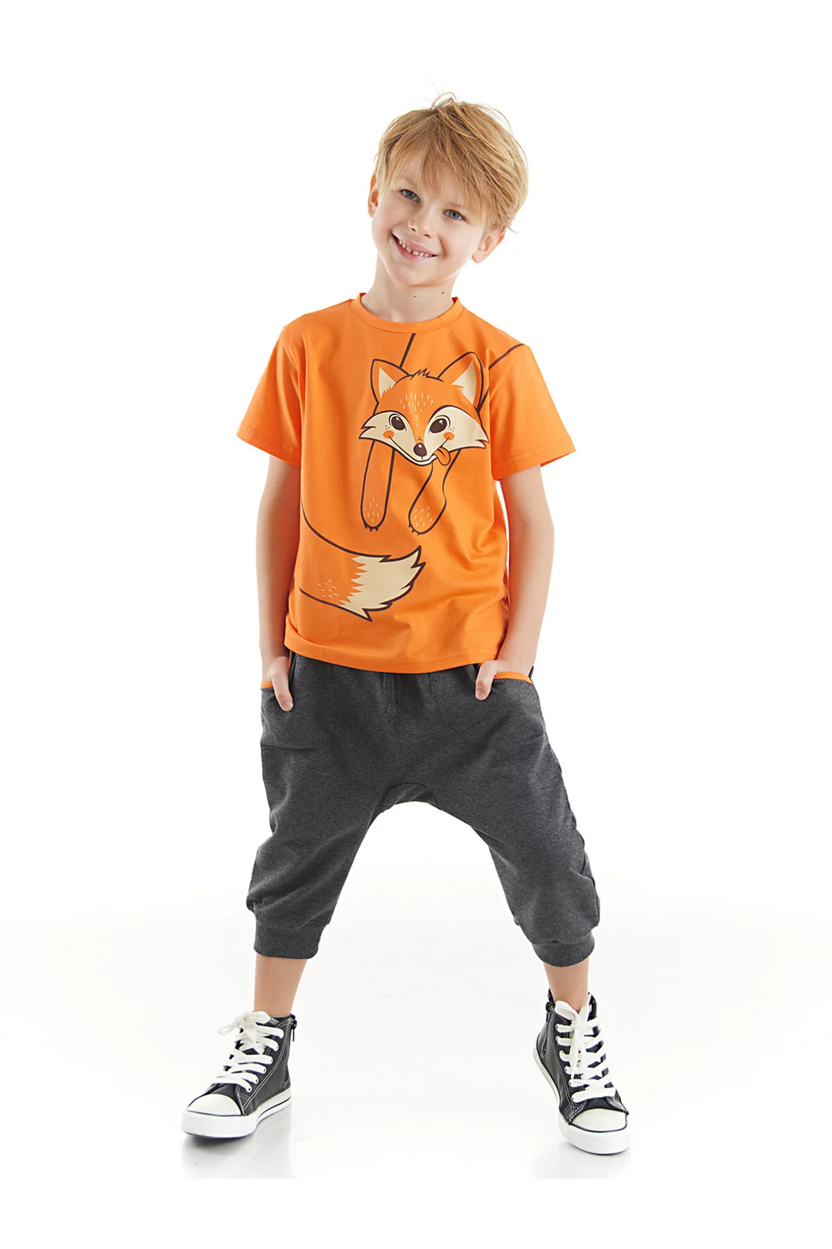 Denokids  Orange Fox T-Shirt-Capri-Shorts-Set für Jungen