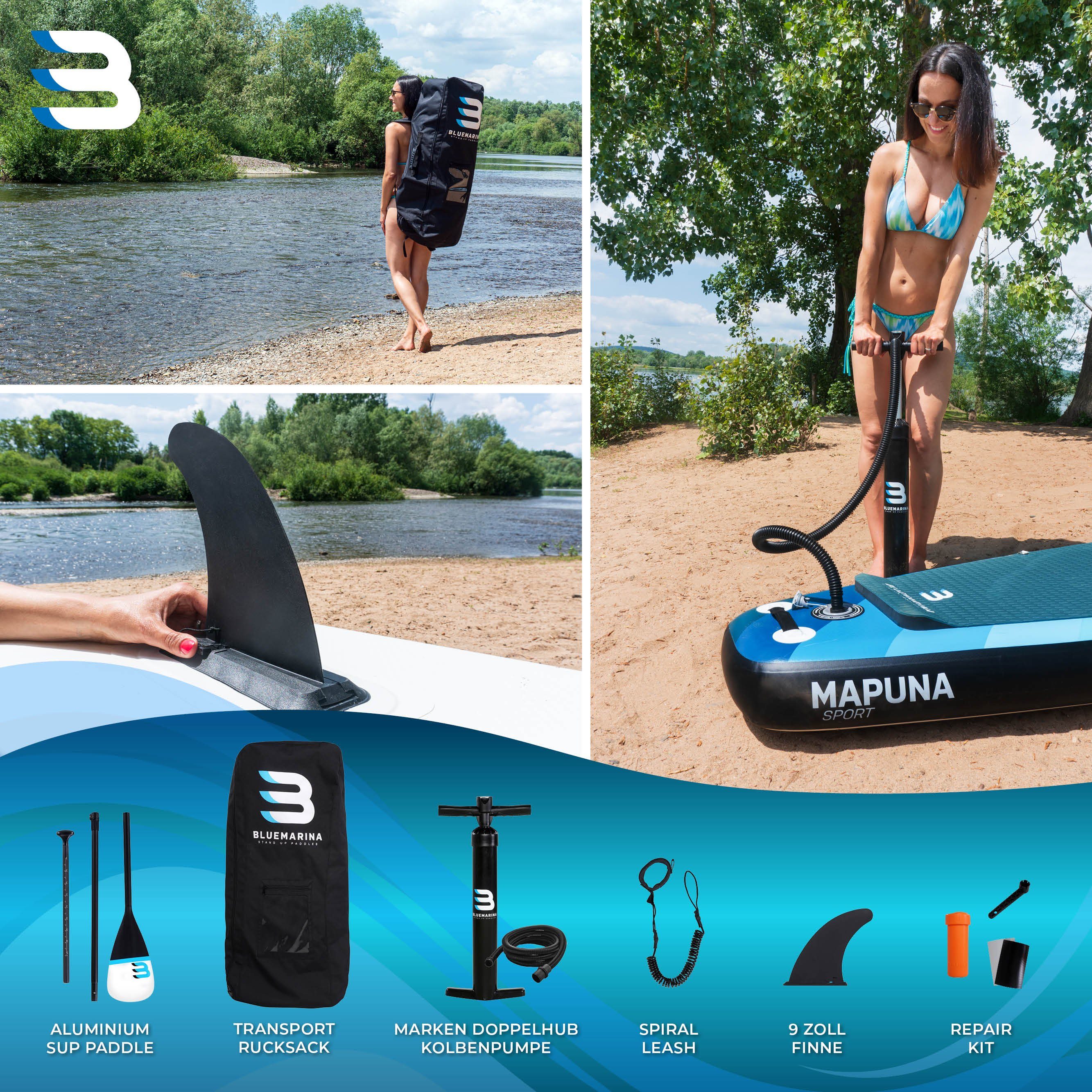 Bluemarina SUP-Board Aufblasbares Bluemarina SUP Board Mapuna inkl. 5 J. Garantie, Stand Up Paddle Board, (15 cm dick, 3 PVC Schichten, max 200 kg), Paddling board, Paddelboard, Surfboard, (100% Polyester -, 3 tlg., bis 200 kg - Double Layer - Kickpa