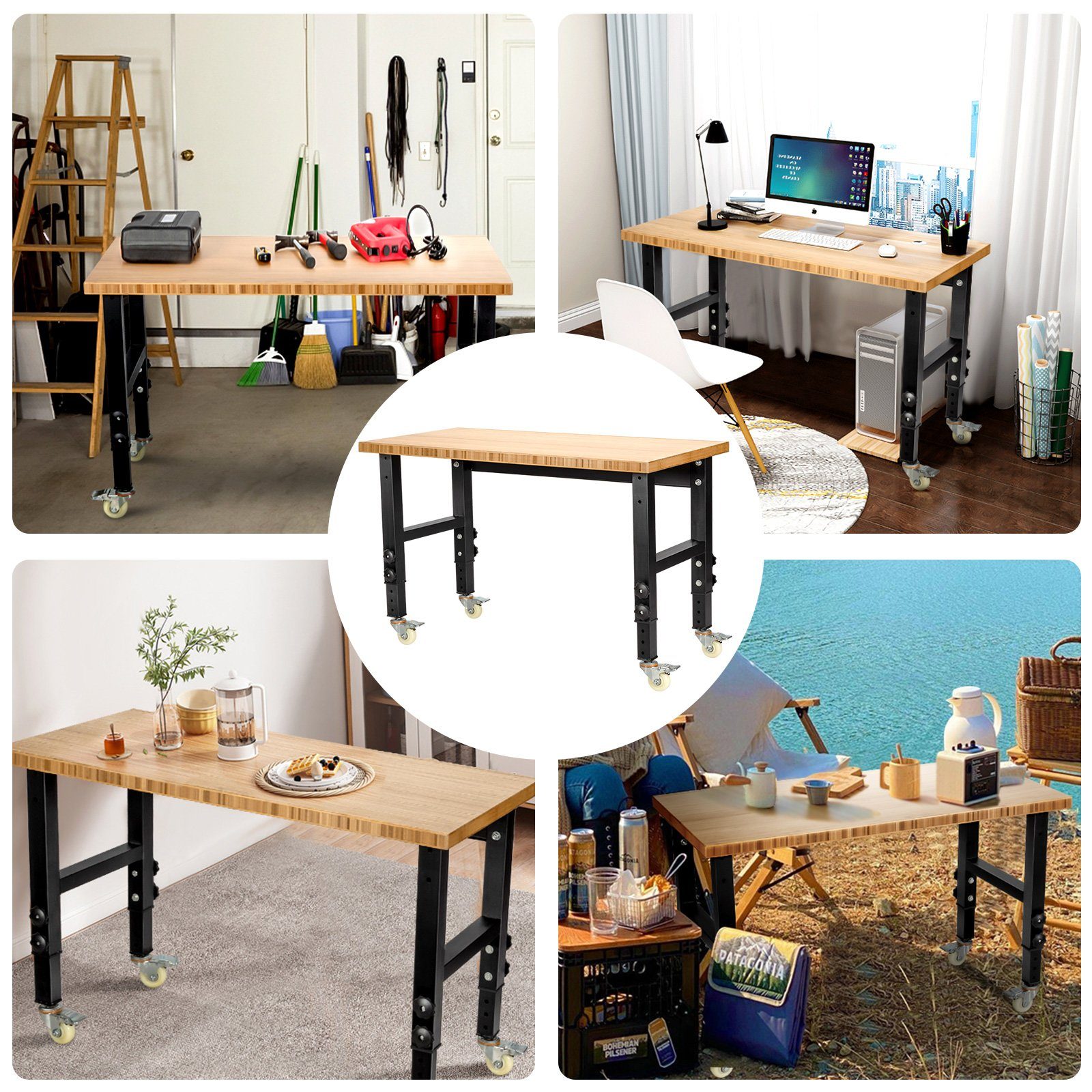 COSTWAY Werkbank, Höhenverstellbar, mit Rollen & Arbeitsfläche, 120cm