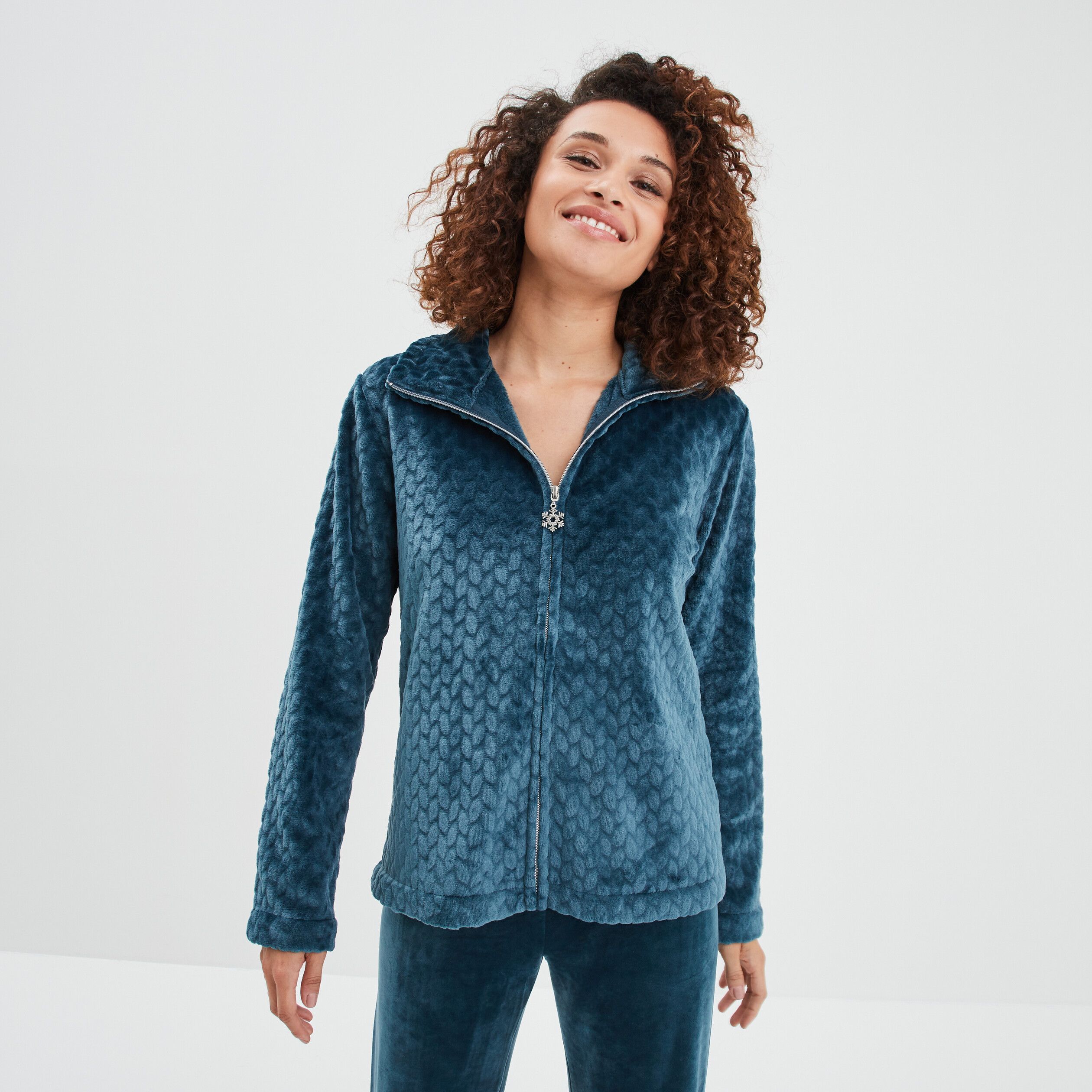 Veste pyjama pilou zippée col montant bleu canard femme | La Halle