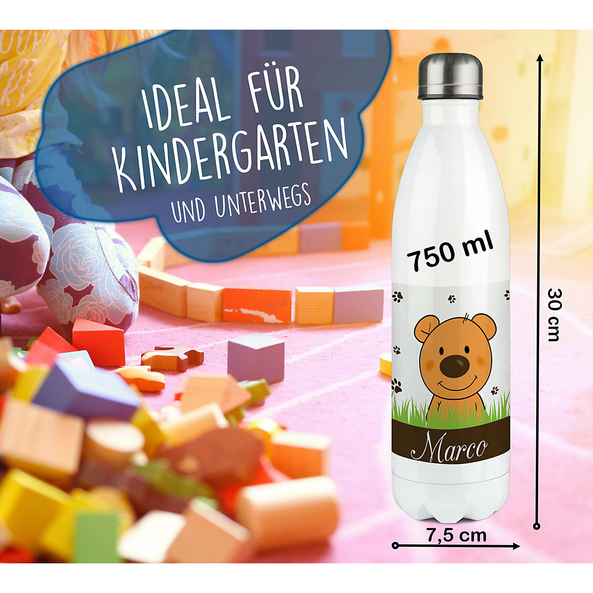 Edelstahl Kinder Thermoflasche / Trinkflasche bunt Teddy Bär Spülmaschinenfest, Auslaufsicher, Bruchfest, Doppelwandig, Für Heißgetränke geeignet, Mit Deckel, Isoliert