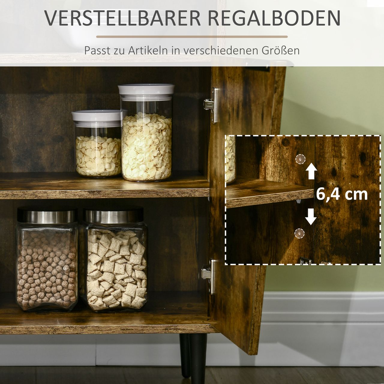 HOMCOM Küchenschrank Sideboard Aufbewahrungsschrank mit 2 Fächern und 2 Schränken Küchenmöbel Industrie-Design Spanplatte Rustikales Braun Schwarz 147 x 40 x 83 cm