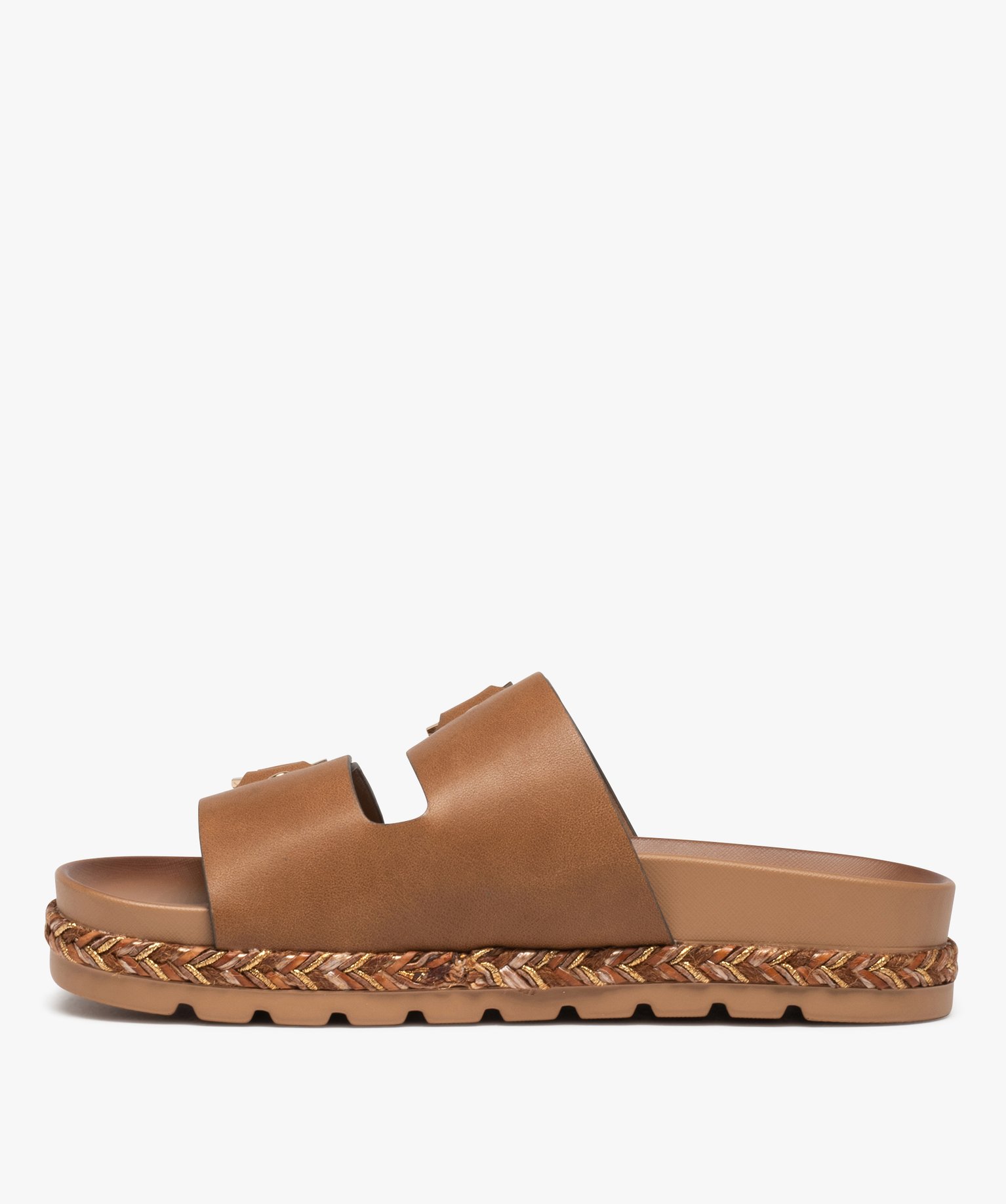 Mules femme à brides et larges boucles métallisées marron | GEMO