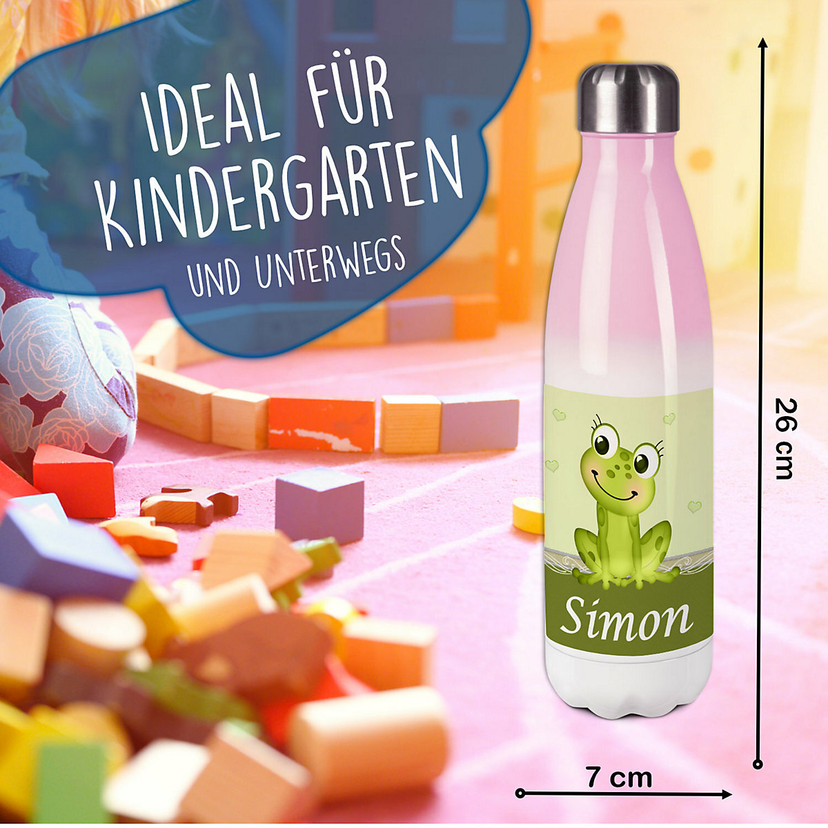 Edelstahl Kinder Thermoflasche / Trinkflasche bunt Frosch Spülmaschinenfest, Auslaufsicher, Bruchfest, Doppelwandig, Für Heißgetränke geeignet, Mit Deckel, Isoliert