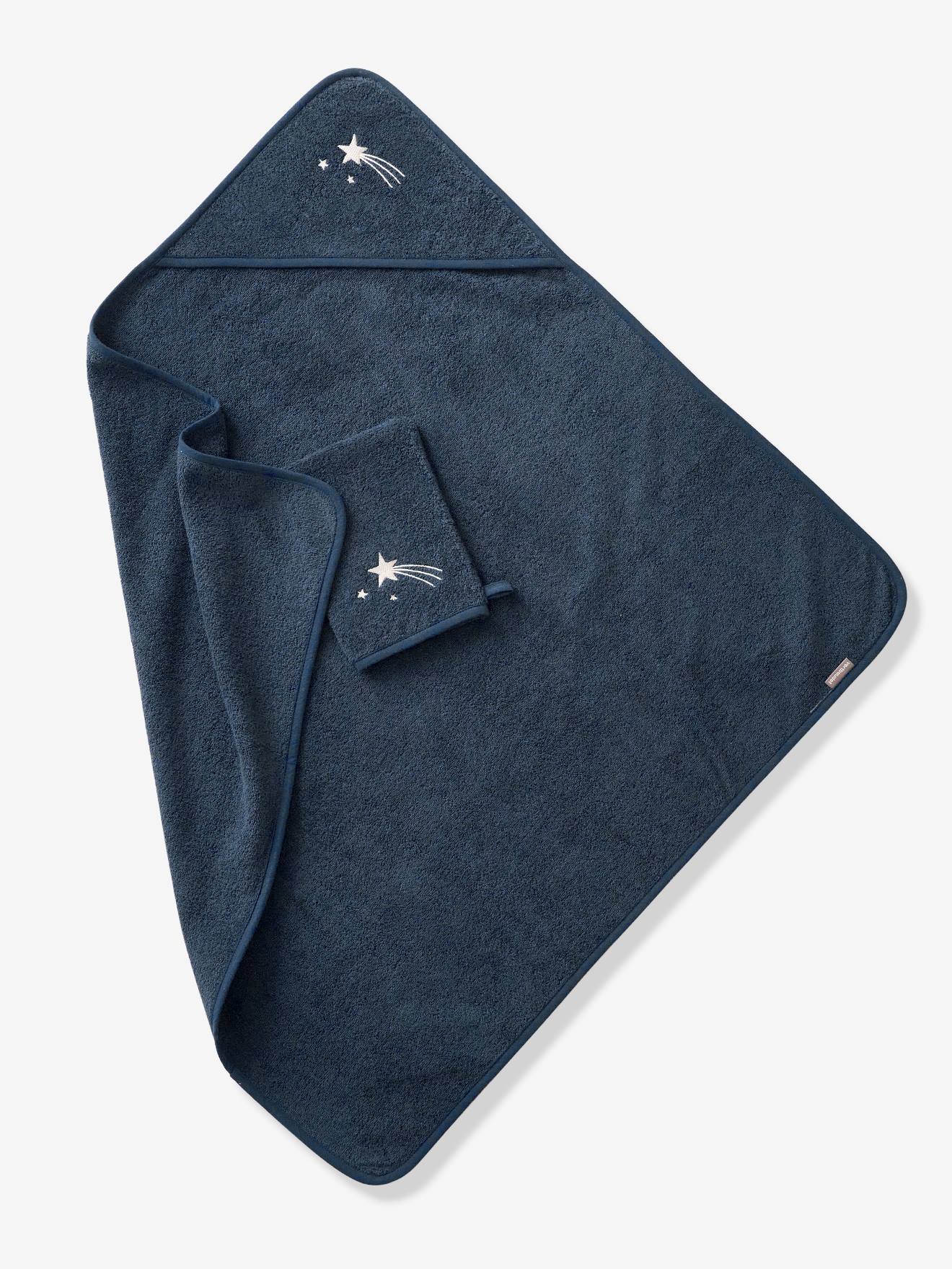 Cape de bain personnalisable + gant de toilette bleu moyen