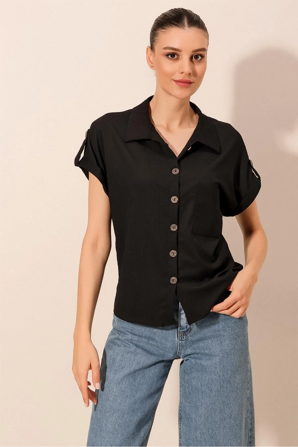 Bigdart  20187 Kurzärmliges Oversize-Strickhemd - Schwarz