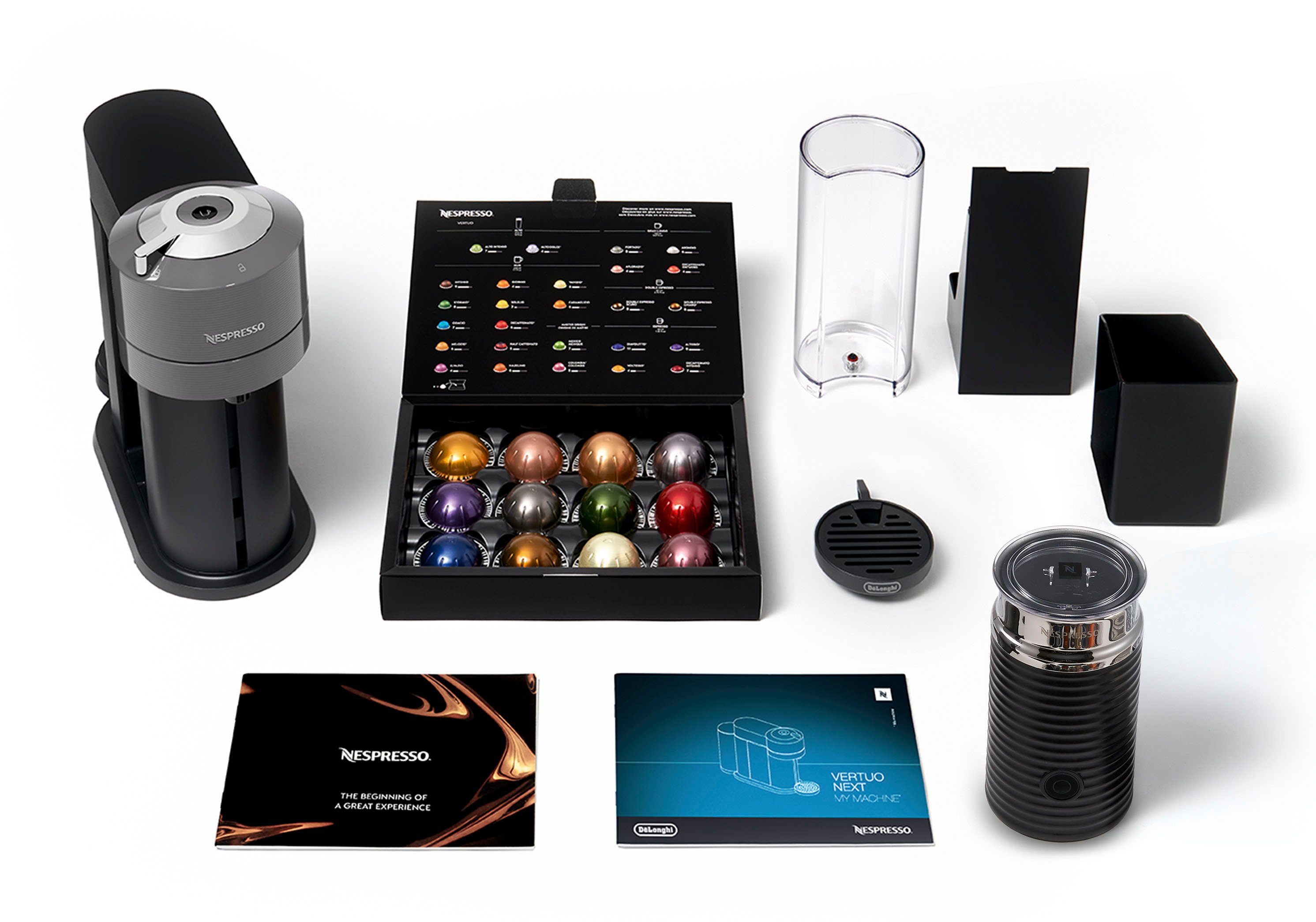 Nespresso Kapselmaschine Vertuo Next Bundle ENV 120.GYAE von DeLonghi, Dark Grey, inkl. Aeroccino Milchaufschäumer im Wert von 75,- UVP