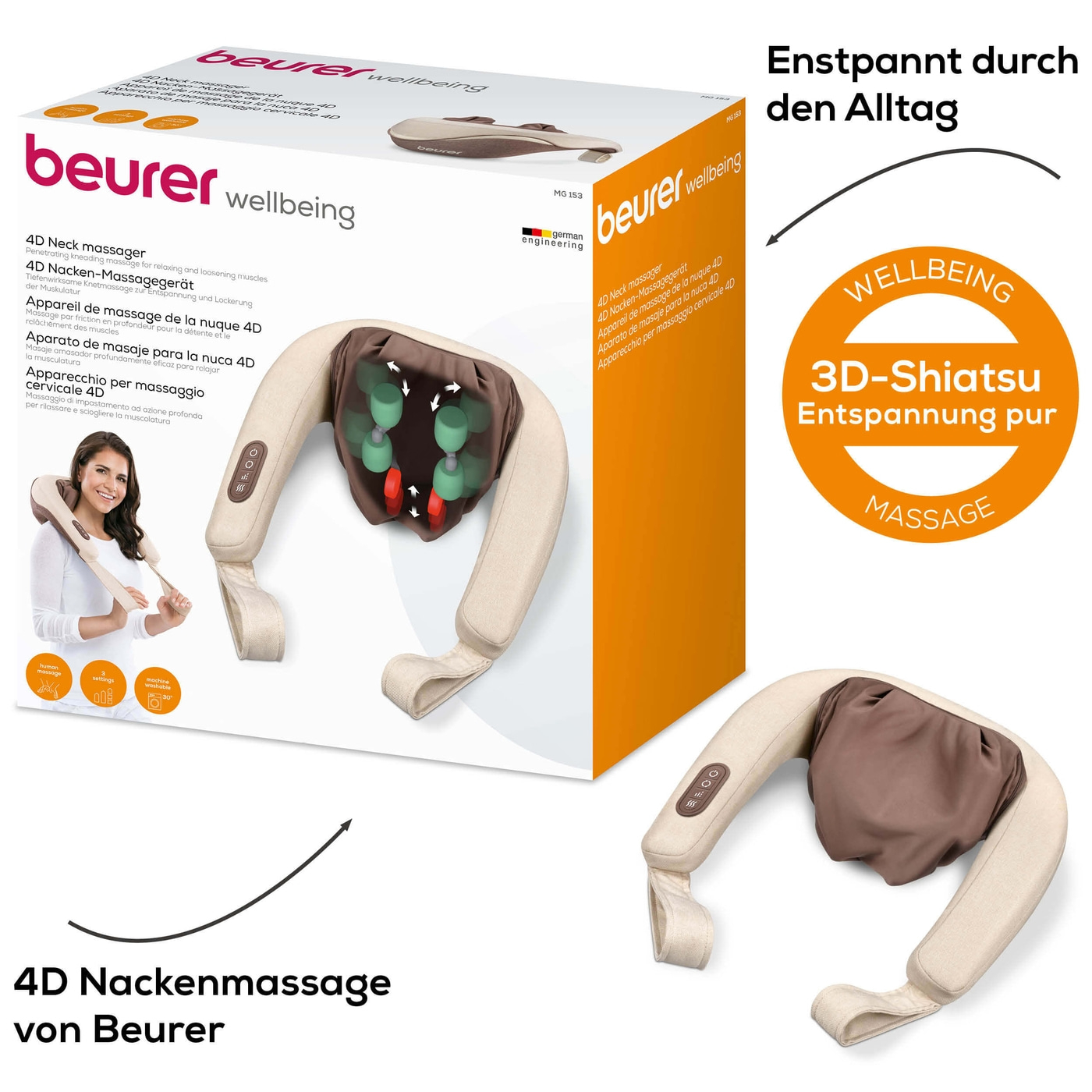 Beurer 4D Nacken-Massagegerät MG 153-Massagegerät für den Nacken mit 4D handsimulierenden Massageköpfen