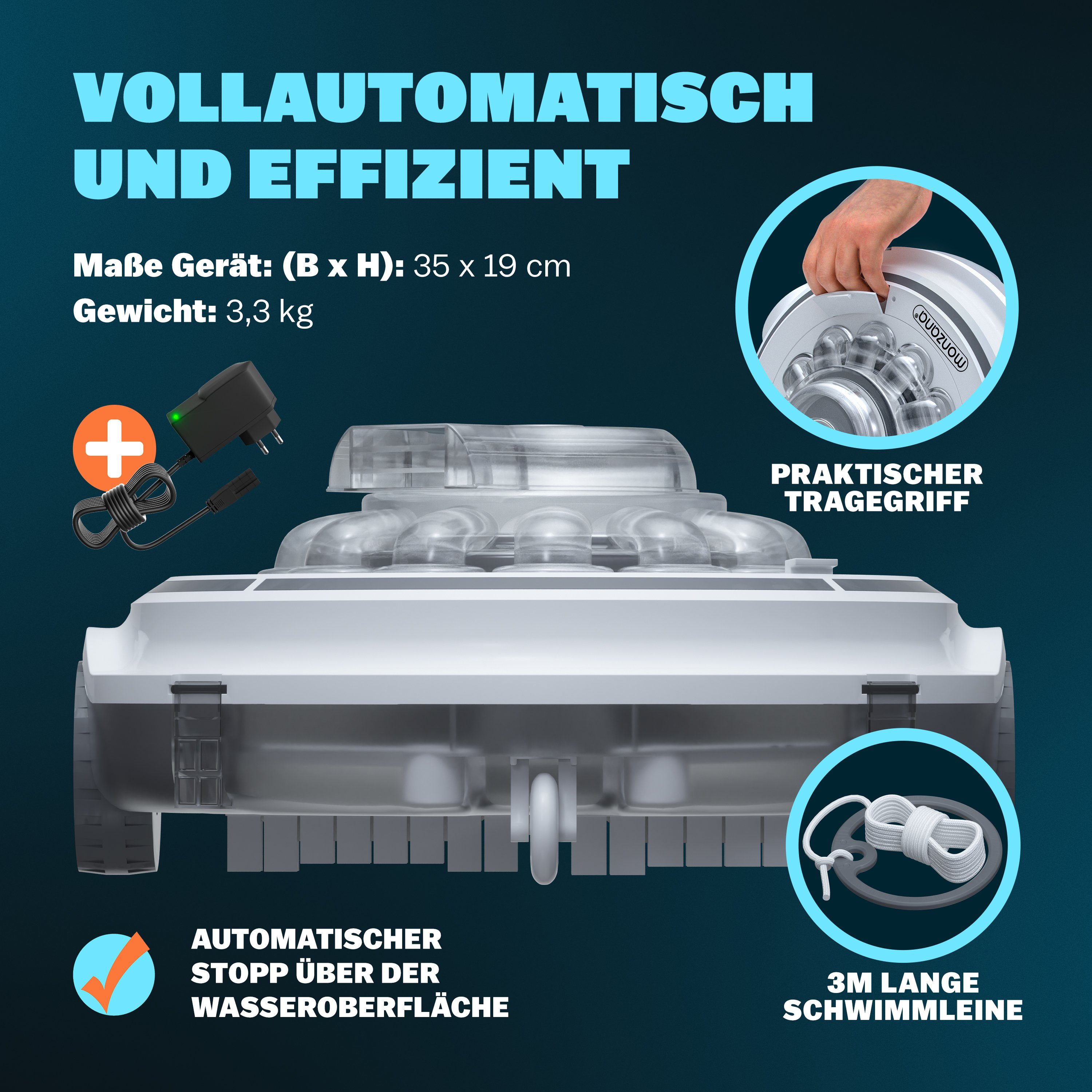 monzana Poolbodensauger, Poolboy500 Kabellos Vollautomatisch 80Min Akku 5200mAh Li-Ion 80m²