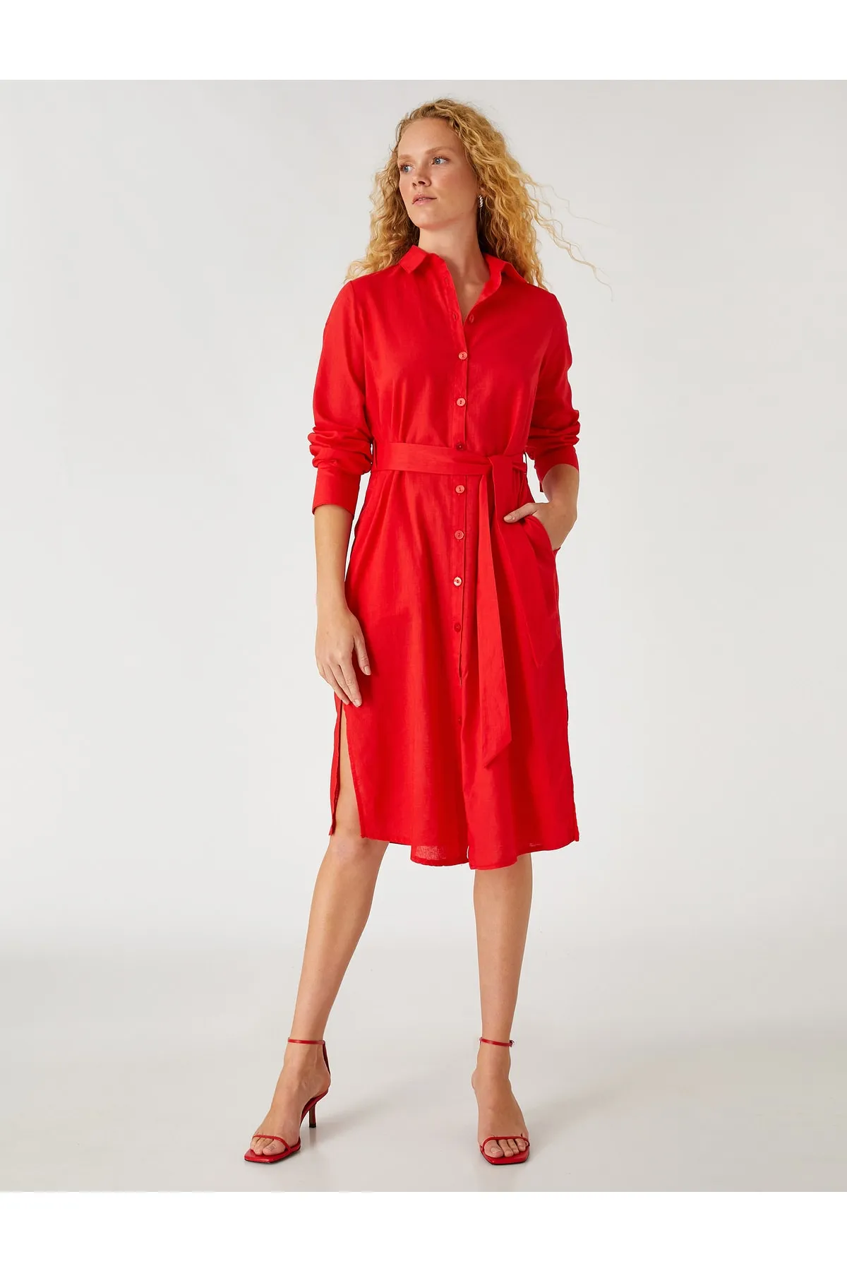 Koton  Midi-Hemdkleid aus Leinenmischung