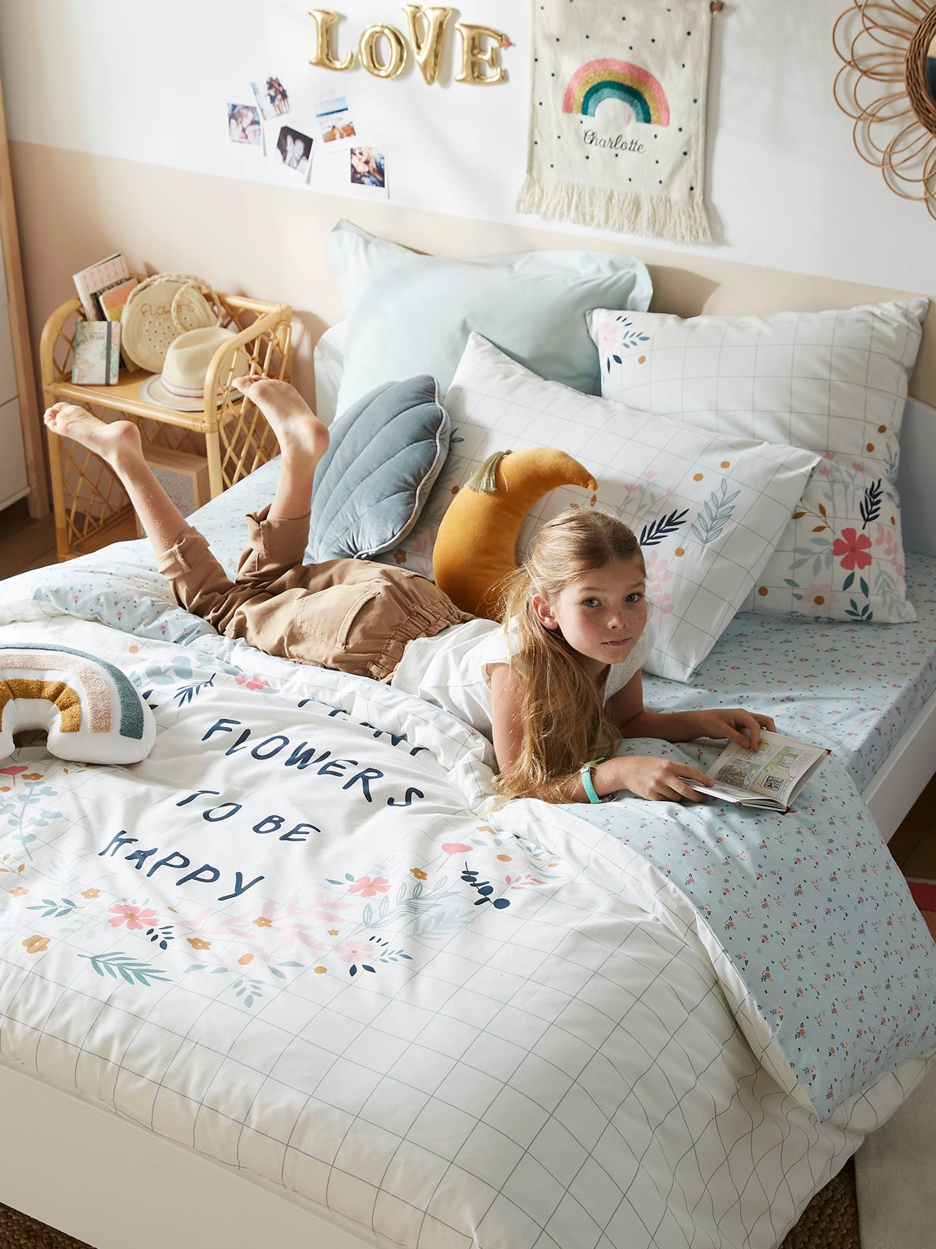 Parure housse de couette + taie d'oreiller enfant Bio Collection FLOREALE ecru/bleu grisé