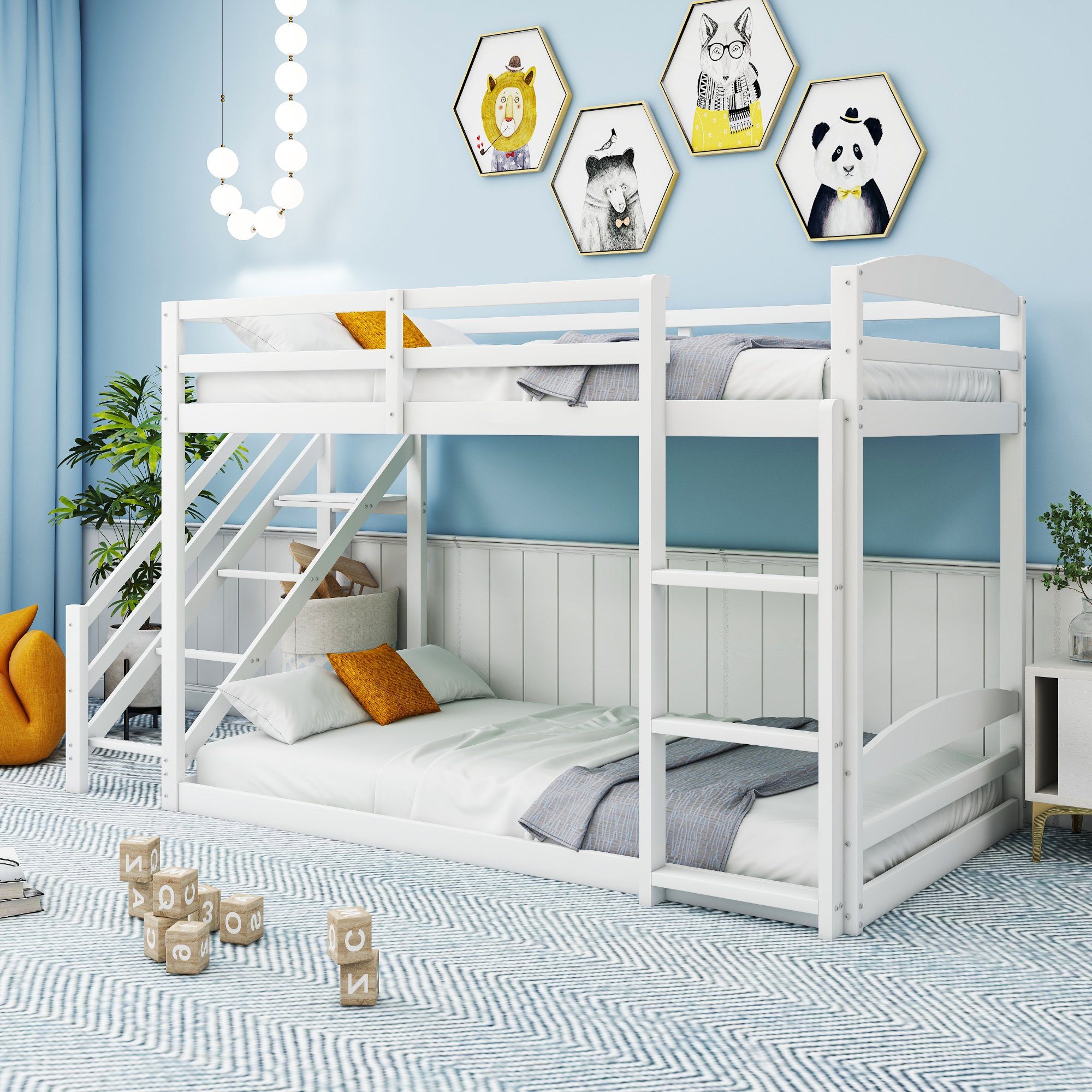REDOM Etagenbett Holzbett Tagesbett Kinderbett Gästebett 90*200cm (mit zwei Sicherheitstreppen links und rechts, Massivholz-Etagenbett mit Lattenrost), ohne Matratze