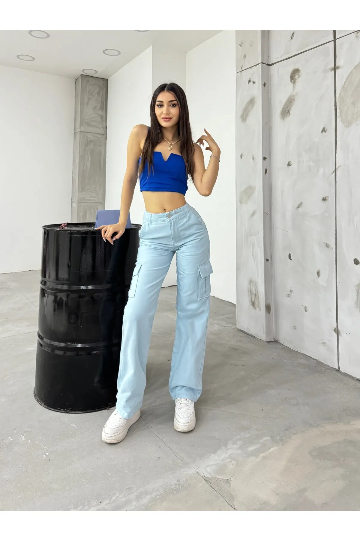 BİKELİFE  Babyblaue Cargohose für Damen mit hoher Taille und weitem Bein