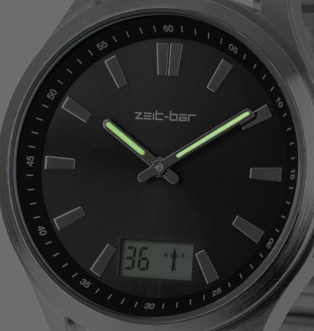 Zeit-Bar Funk-Armbanduhr mit Datums- und Sekundenanzeige, Edelstahl-Uhrband