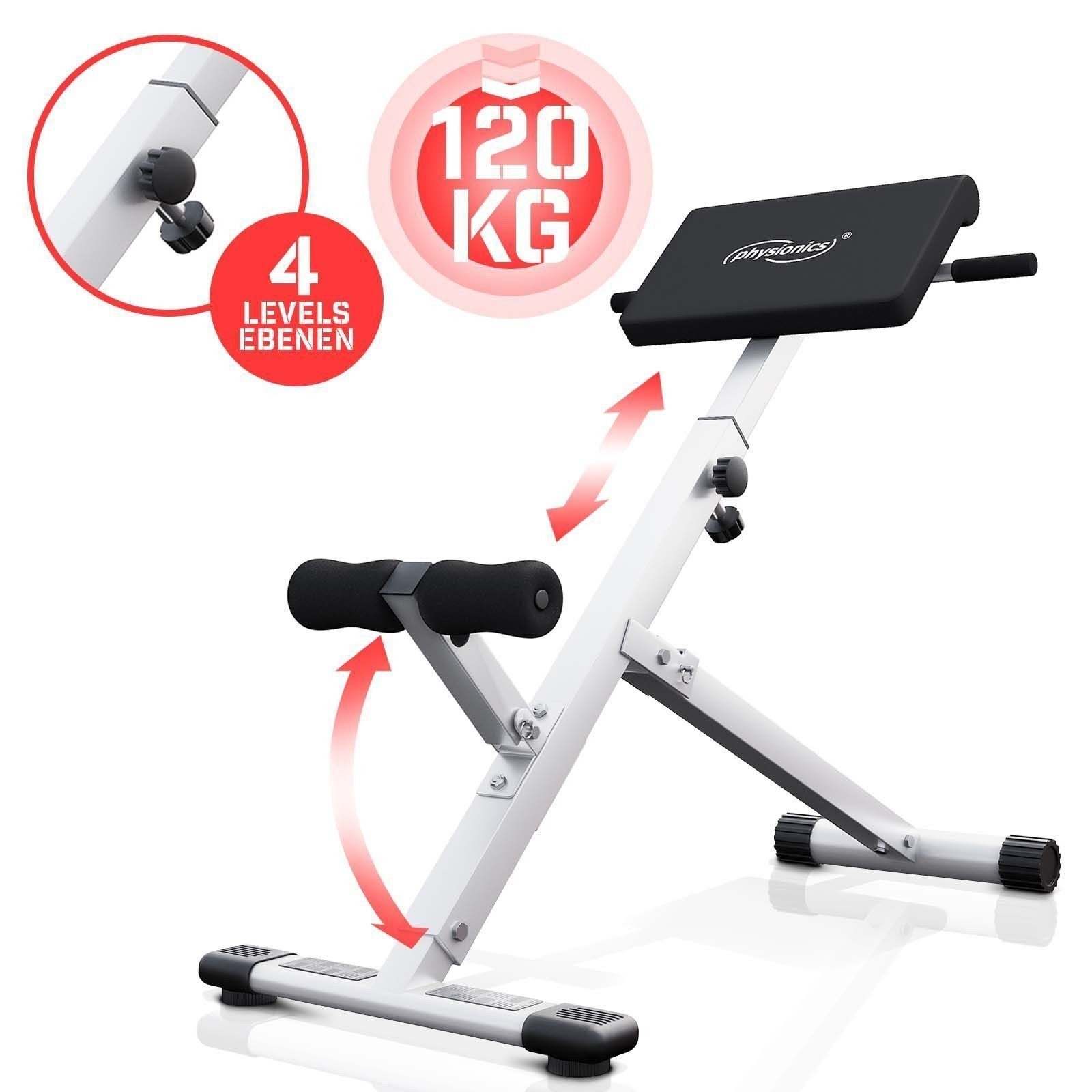 Physionics Rückentrainer Hyperextension Rückentrainer - klappbar, höhenverstellbar, 45°,120 kg