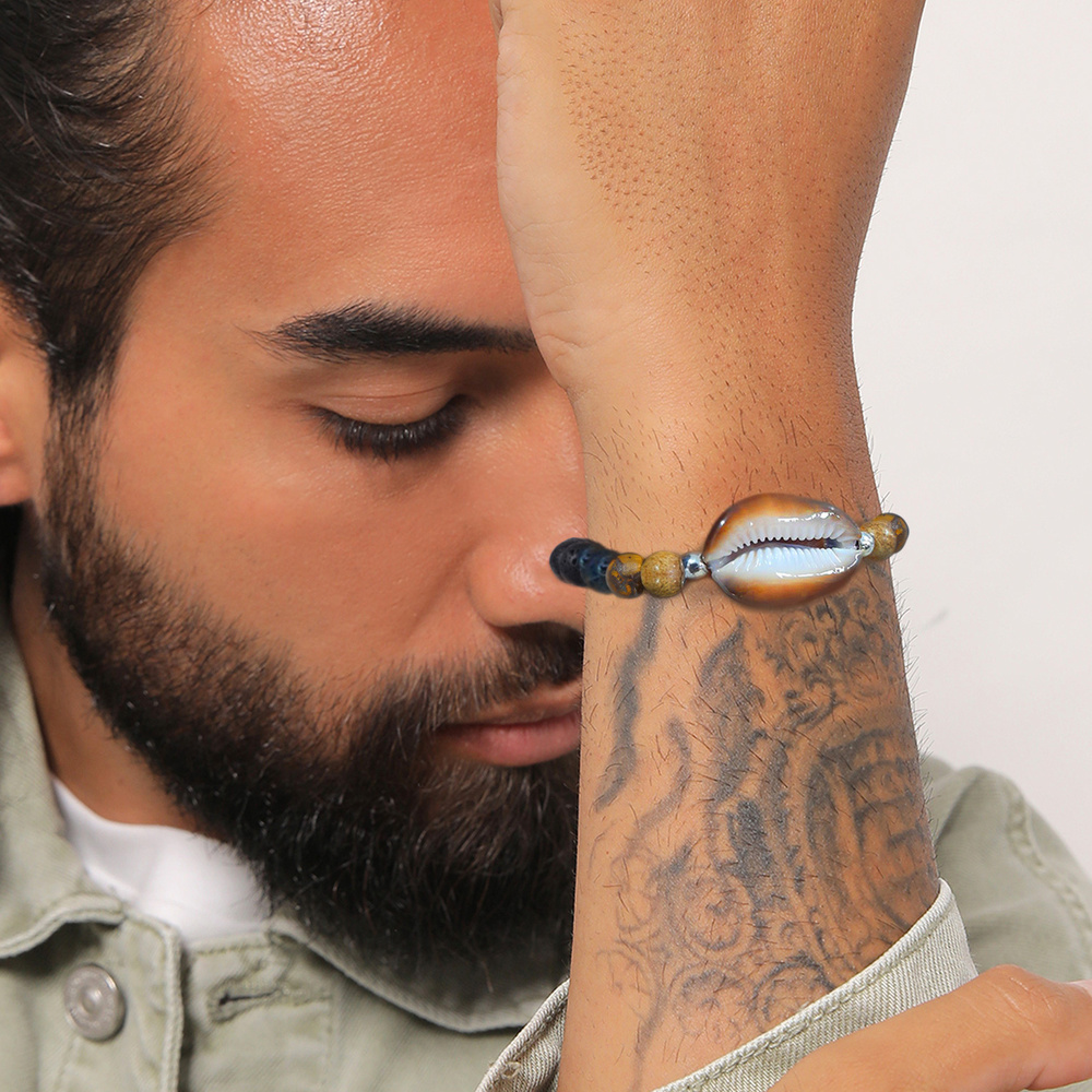 KUZZOI KUZZOI Bracelet Hommes Pendentif coquillage cauri avec perles de lave et d'oeil d Bracelet