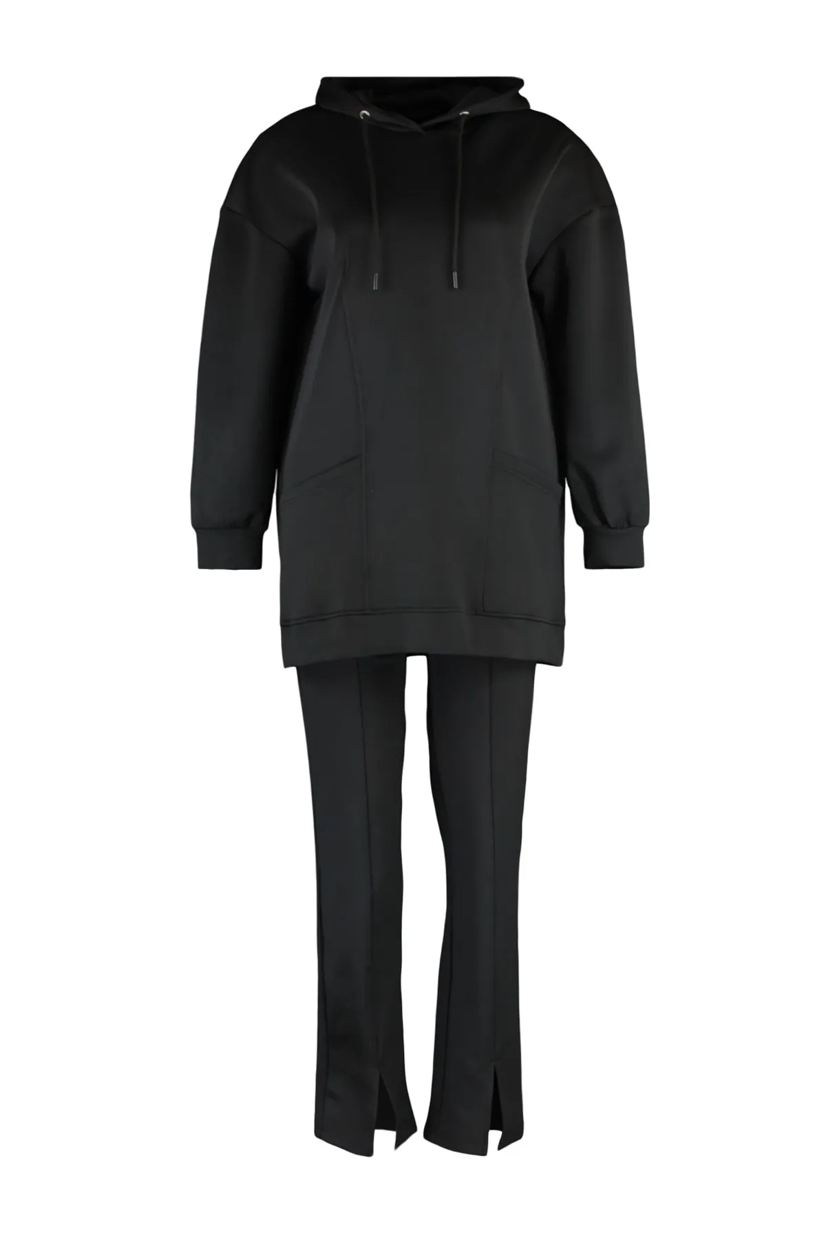 Trendyol Modest  Schwarzes Scuba-Sweatshirt-Hosen-Strickset mit Kapuze und Schlitzdetail TCTAW23US00139