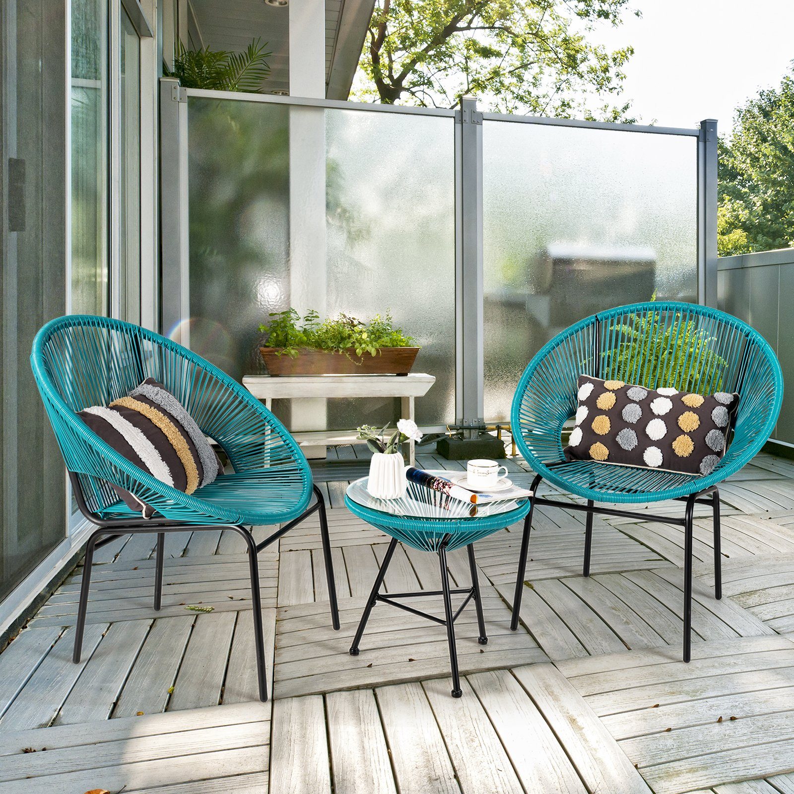 COSTWAY Balkonset, (3-tlg), mit Glastisch & 2 Stühlen, Rattan