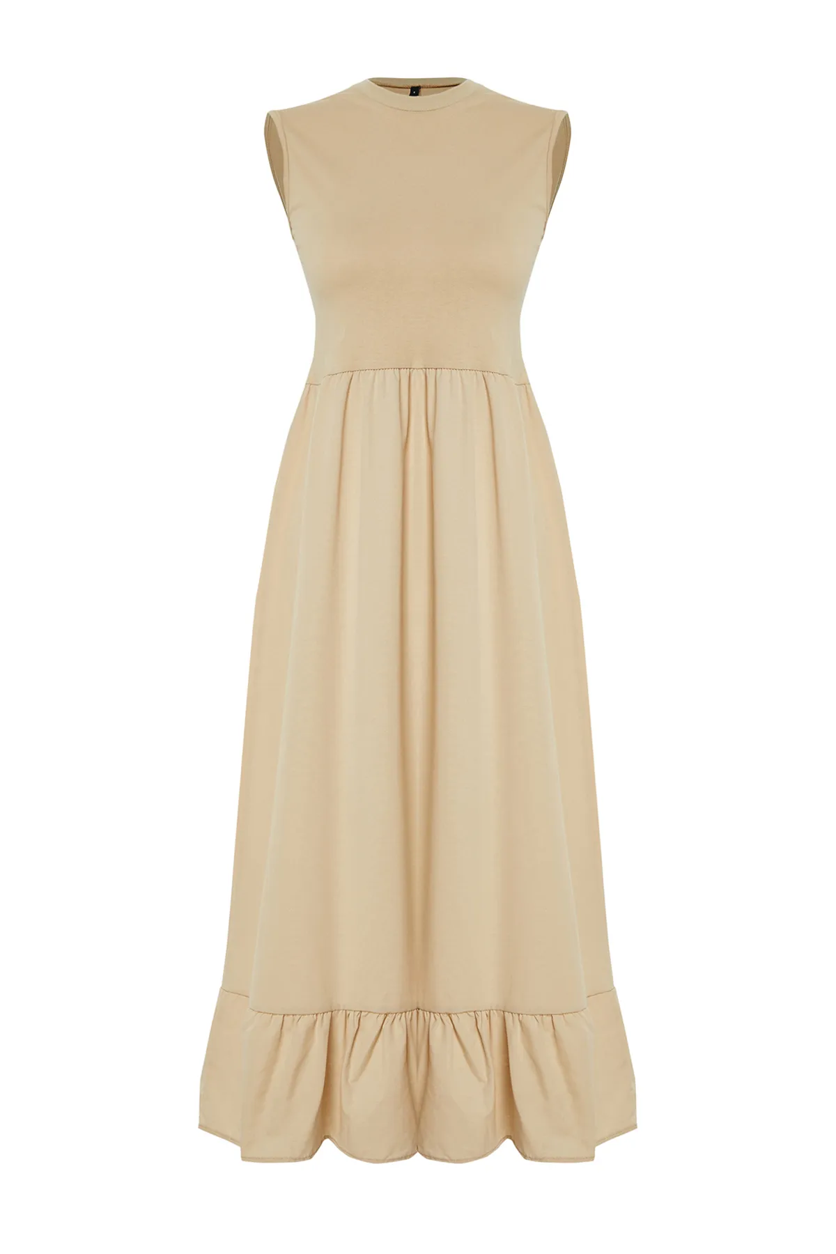 Trendyol Modest  Beigefarbenes, ärmelloses Rock-Rüschen-Single-Jersey-Popeline-Strickkleid TCTSS24EB00155