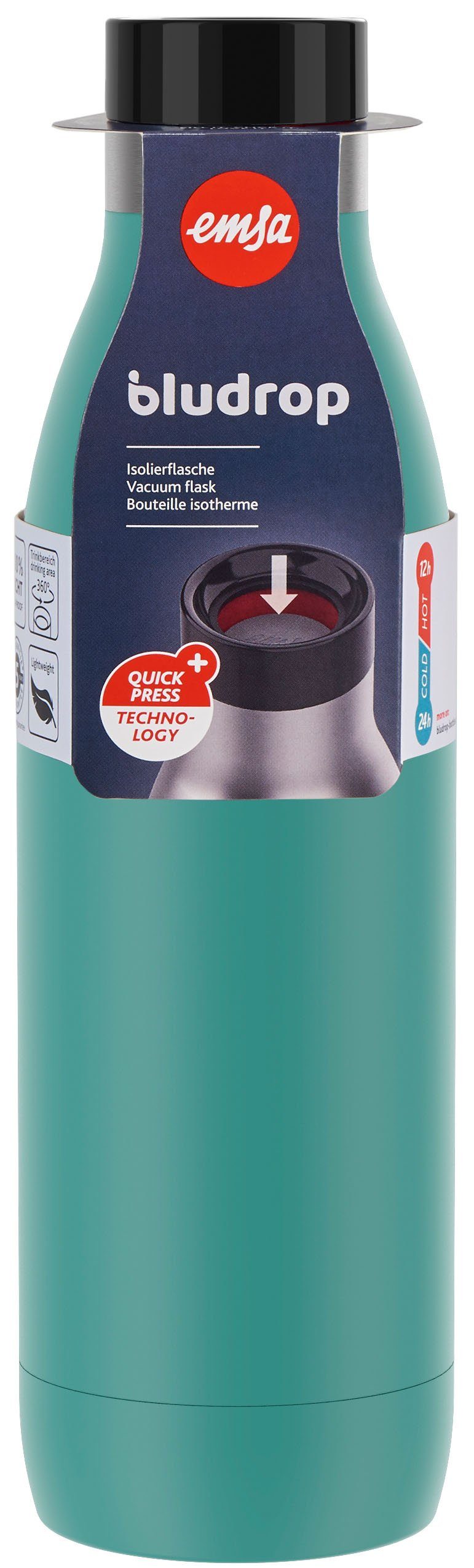 Emsa Trinkflasche Bludrop Color, Edelstahl, Quick-Press Deckel, 12h warm/24h kühl, spülmaschinenfest