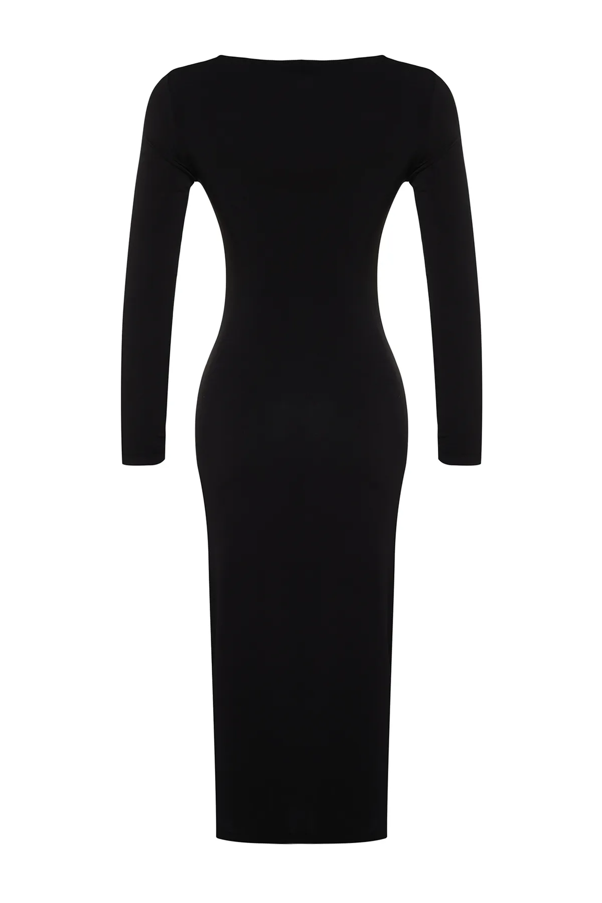 Trendyol Collection  Schwarzes Midi-Strickkleid mit asymmetrischem Kragen und Schlitz TWOAW24EL00118