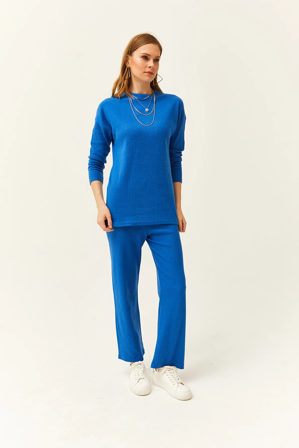 Olalook  Damen Saks Blau Unterteil Top Erhöhtes Geripptes Dickes Team TKM-19000242