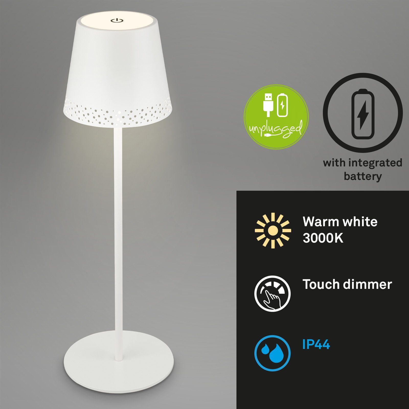 Briloner Leuchten Außen-Tischleuchte 7438016, LED fest verbaut, Warmweiß, mit Akku, höhenverstellbar, USB-C, warmweiß, IP44, silber, 38 cm