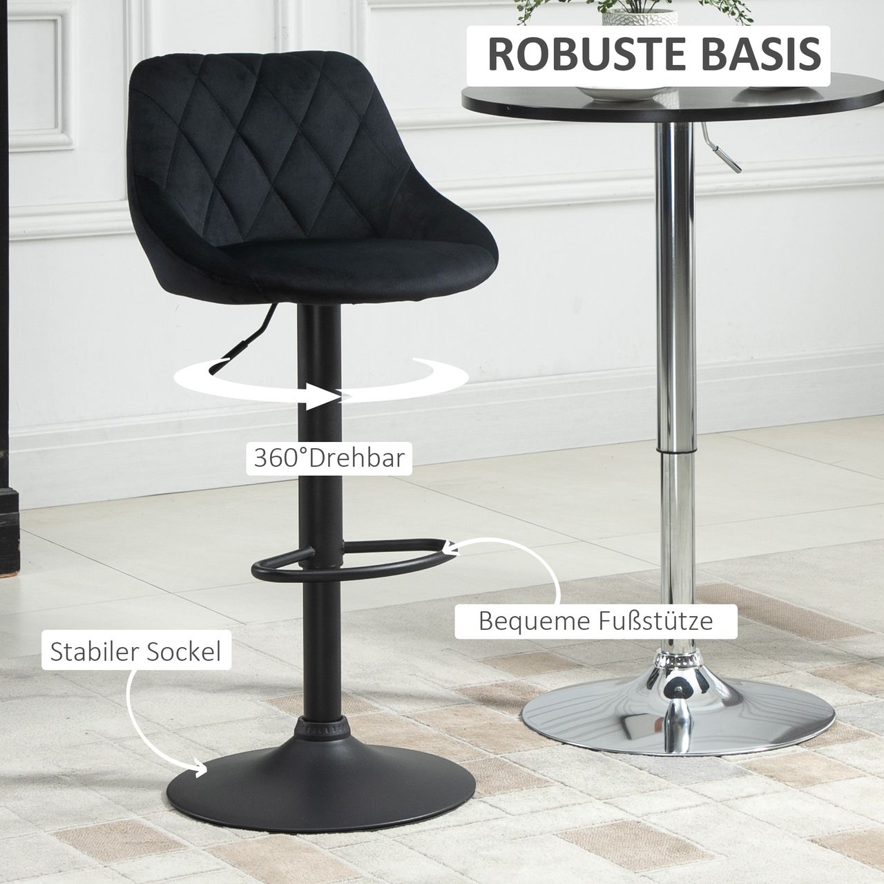 HOMCOM 2er-Set Barhocker, Drehstuhl, höhenverstellbarer Bistrohocker, Barstuhl mit Fußstütze, Rückenlehne, Tresenhocker, Samt, Metall, Schwarz, 46 x 48 x 83-104 cm