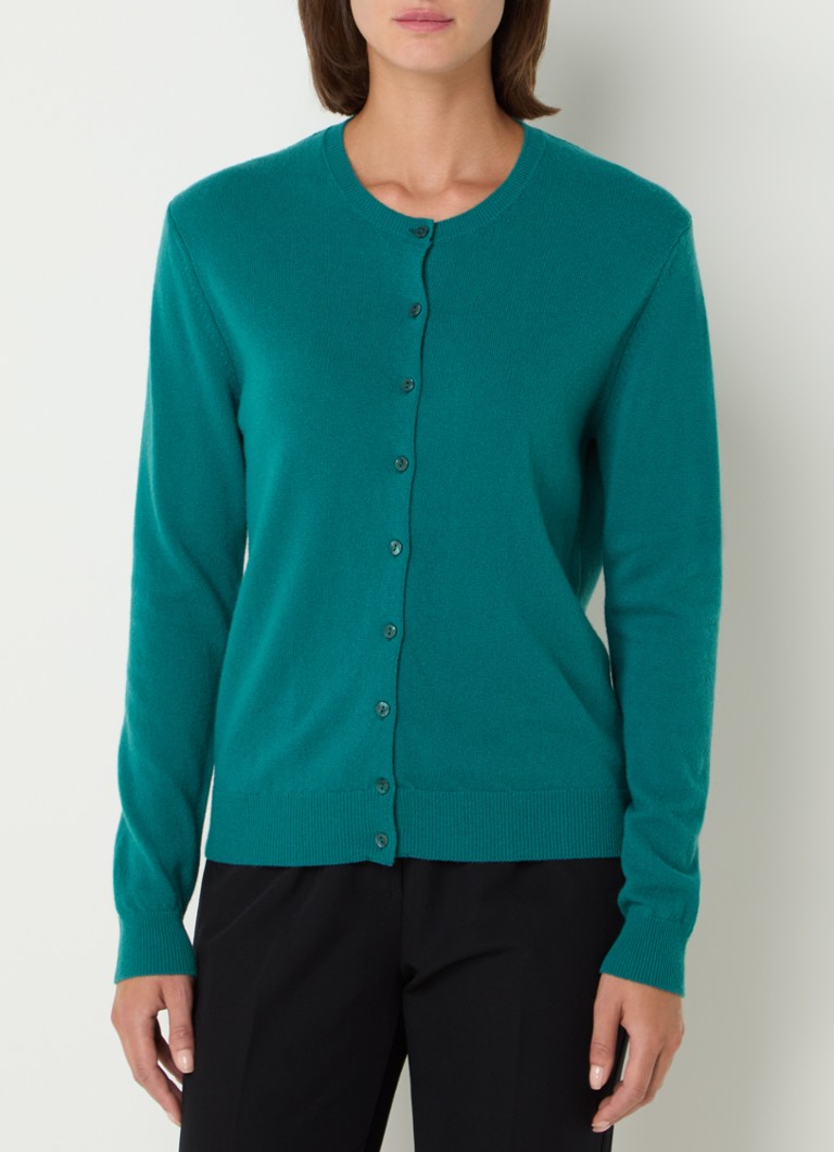 Cardigan Benetton cu guler rotund, confecționat din lână fină.