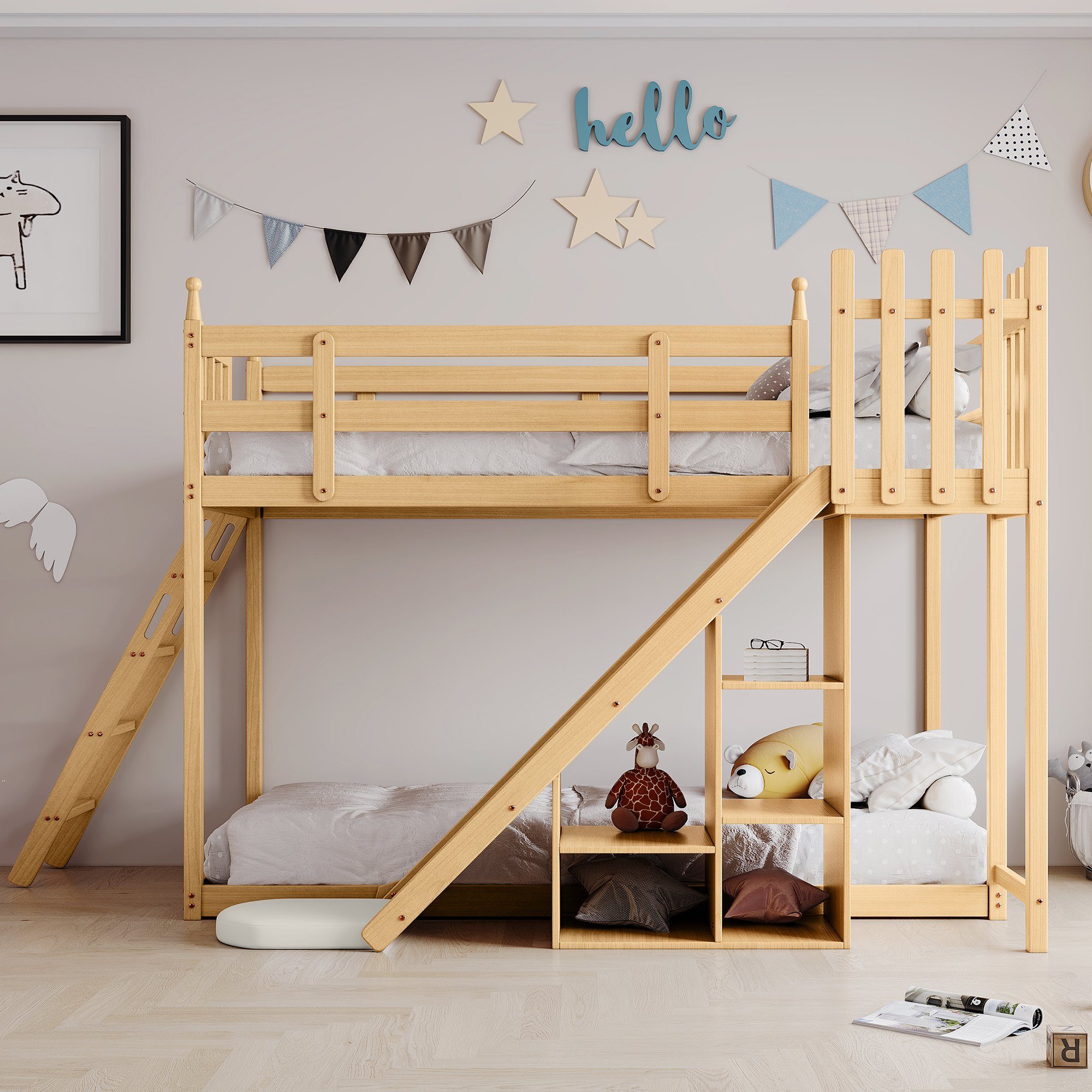 WISHDOR Holzbett Kinderbett, Etagenbett, Bett, Gästebetten, Hausbett 90x200cm (mit Fallschutz und Gitter, Rahmen aus Kiefer, mit Treppe und Zäune, mit Bettvorhang, Rutsche und Regal), Ohne Matratze
