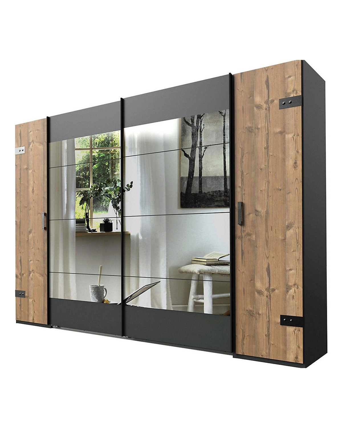 Schwebetürenschrank Stockholm 270x65x210cm Kleiderschrank Spiegel graphit silver fir Industriedesign