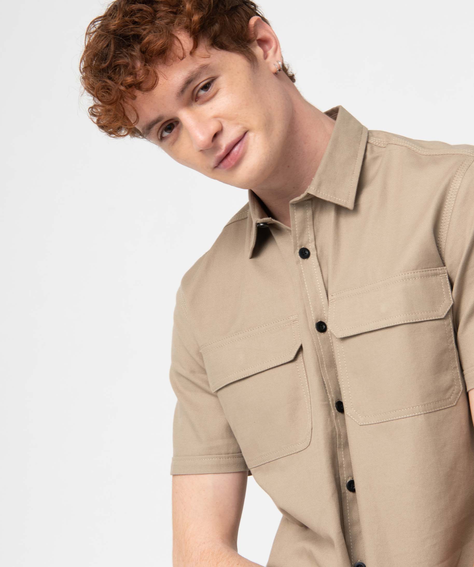 Chemise homme à manches courtes en twill de coton beige | GEMO