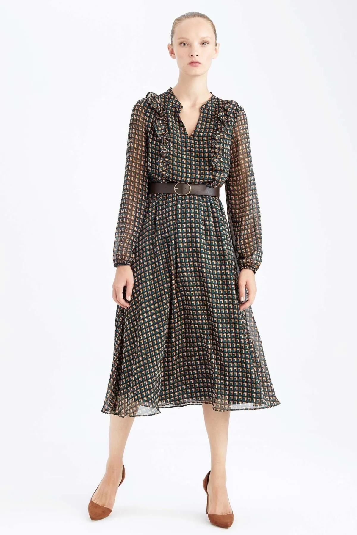 DeFacto  Bedrucktes Maxi-Langarmkleid aus Chiffon