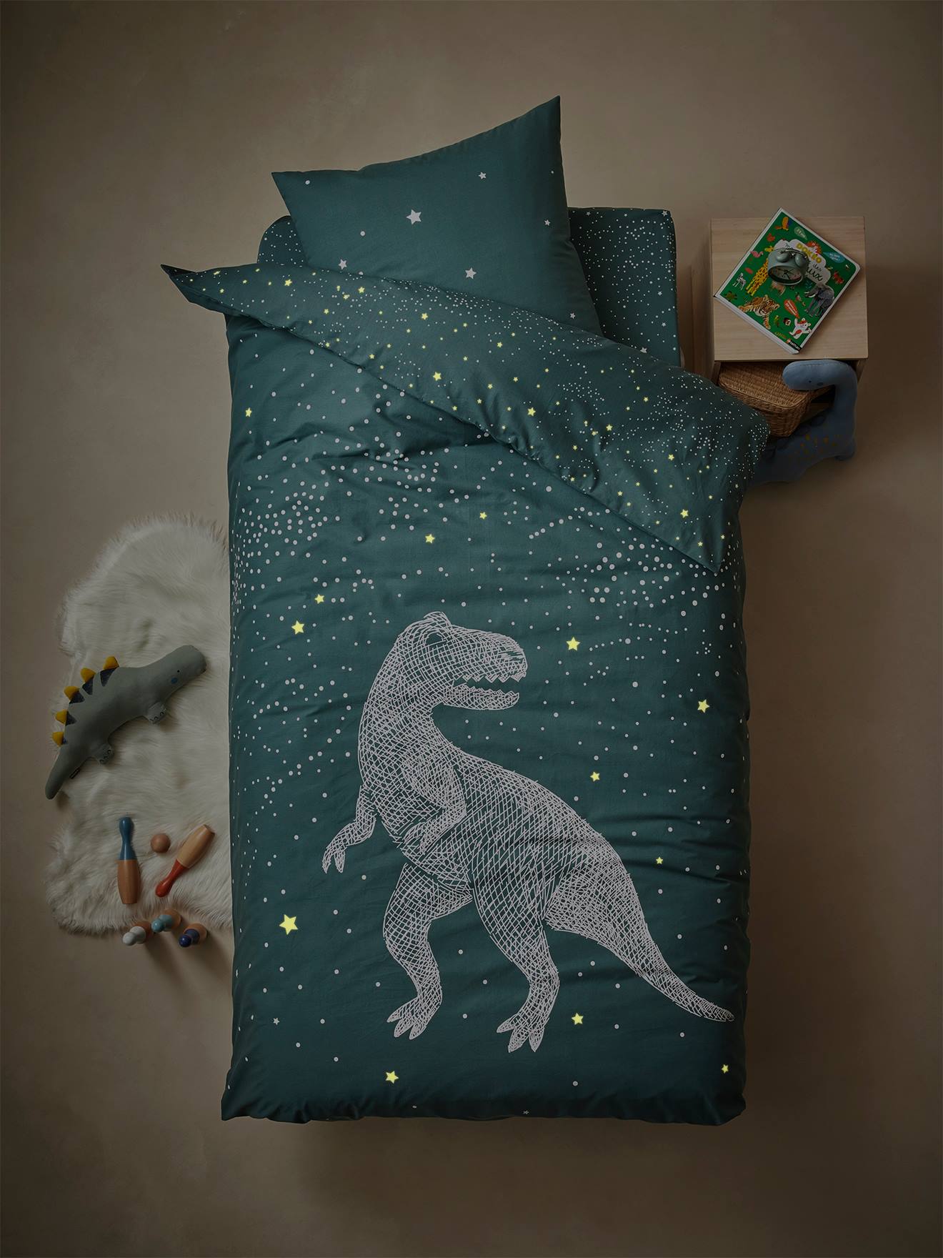 Vertbaudet Kinder Bettwäsche-Set GRAPHIC DINO mit Leuchtsternen Oeko-Tex - grün