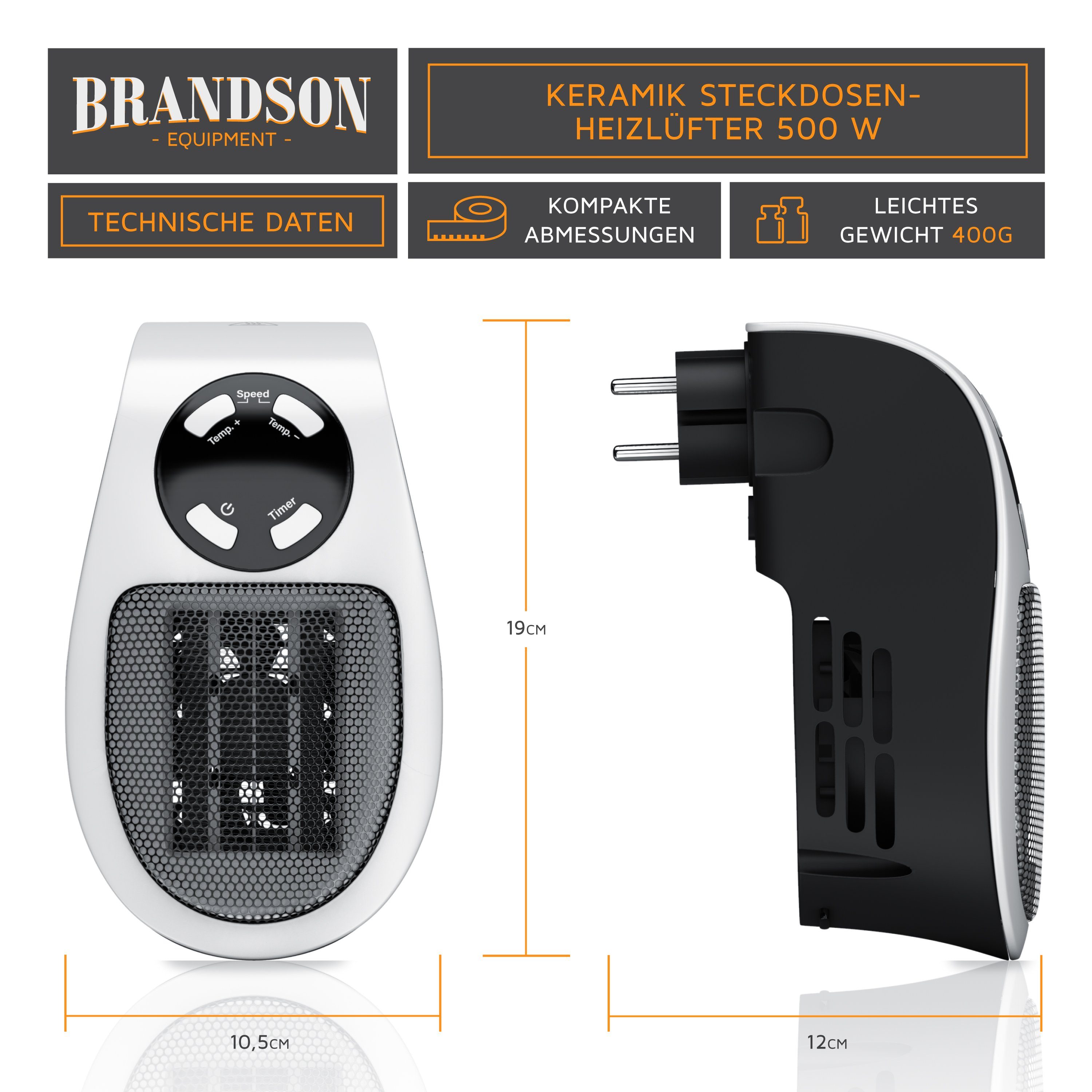 Brandson Keramikheizlüfter, 500 W, Steckdosen Mini Keramikheizgerät mit Temperaturregelung, Fernbedienung