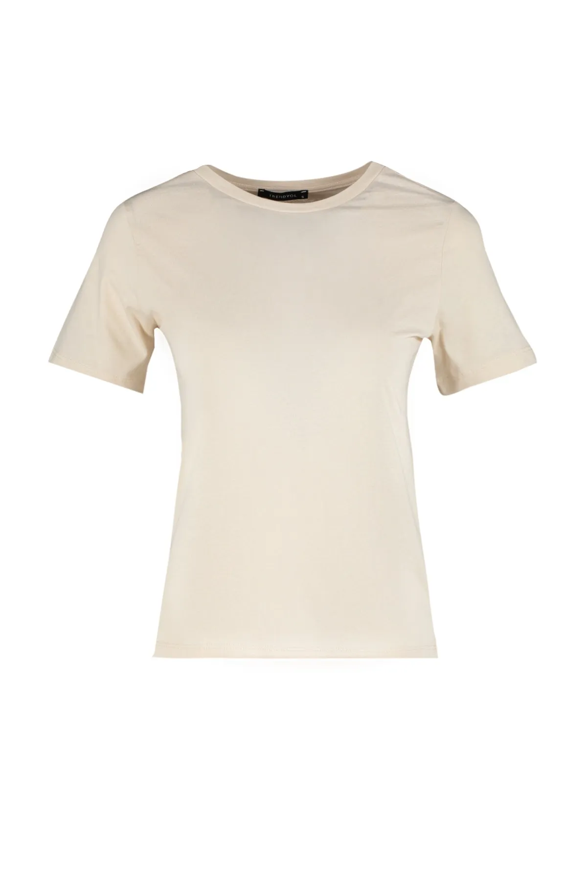 Trendyol Collection  Hellbeiges Basic-Strick-T-Shirt mit Rundhalsausschnitt aus 100 % Baumwolle TWOSS23TS00000