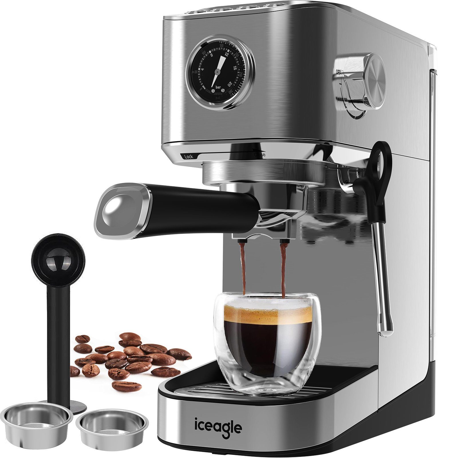 iceagle Espressomaschine 20 Bar, Professionelle Espressomaschine mit Milchaufschäumer, Professionelle Espressomaschinen, Halbautomatisch 2-in-1 L28.7*T13.7*H28.4cm, Dampf-Milchschaum,Hochdruck-Extraktion,Haus-Kaffeemaschine