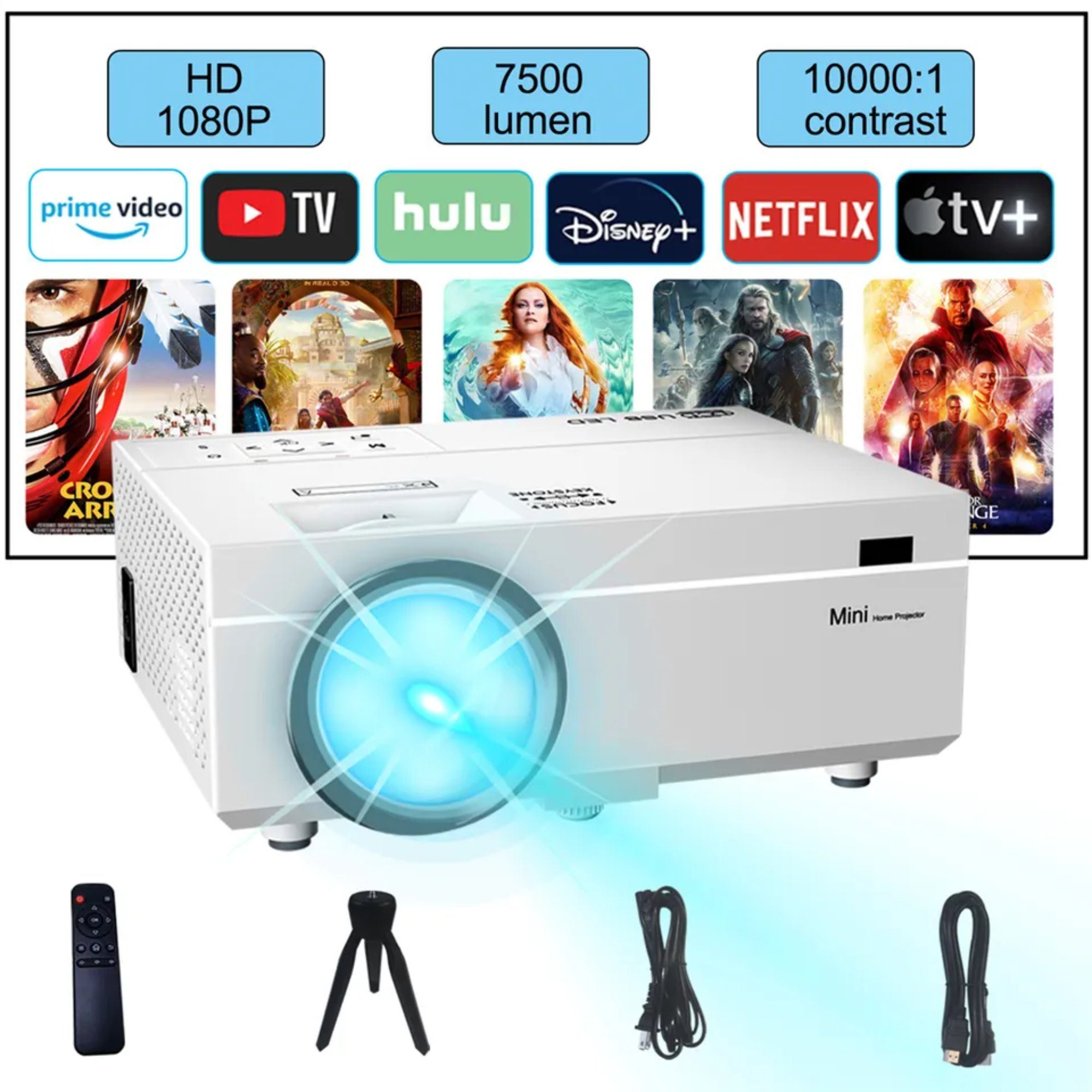 TransJee 1080P HD Projektor WiFi 3D LED Mini Video Theater Heimkino LED-Beamer (10000:1, 1280*720 px, Internetfähig, integriertes Internet, integrierte Lautsprecher)