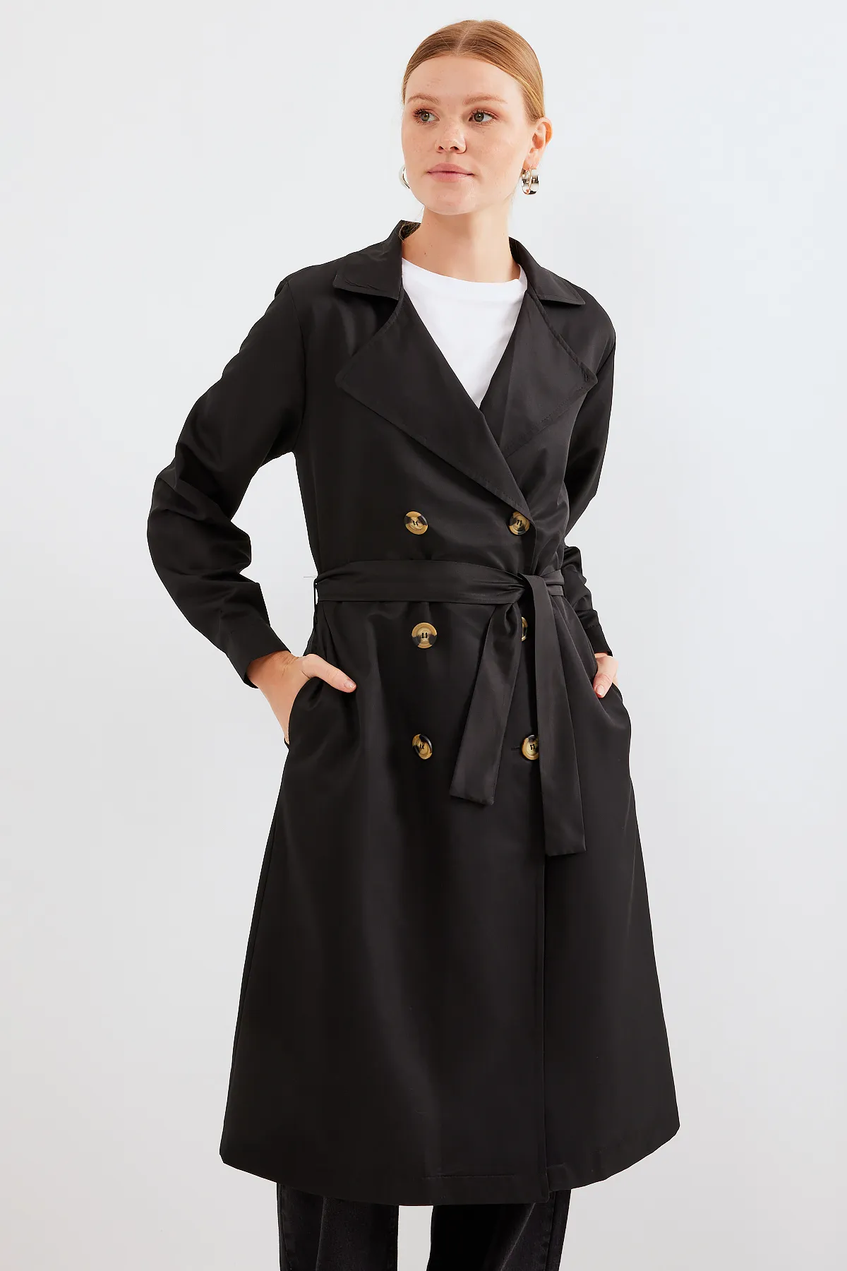 Bigdart  5853 Zweireihiger Trenchcoat mit Kragen – Schwarz