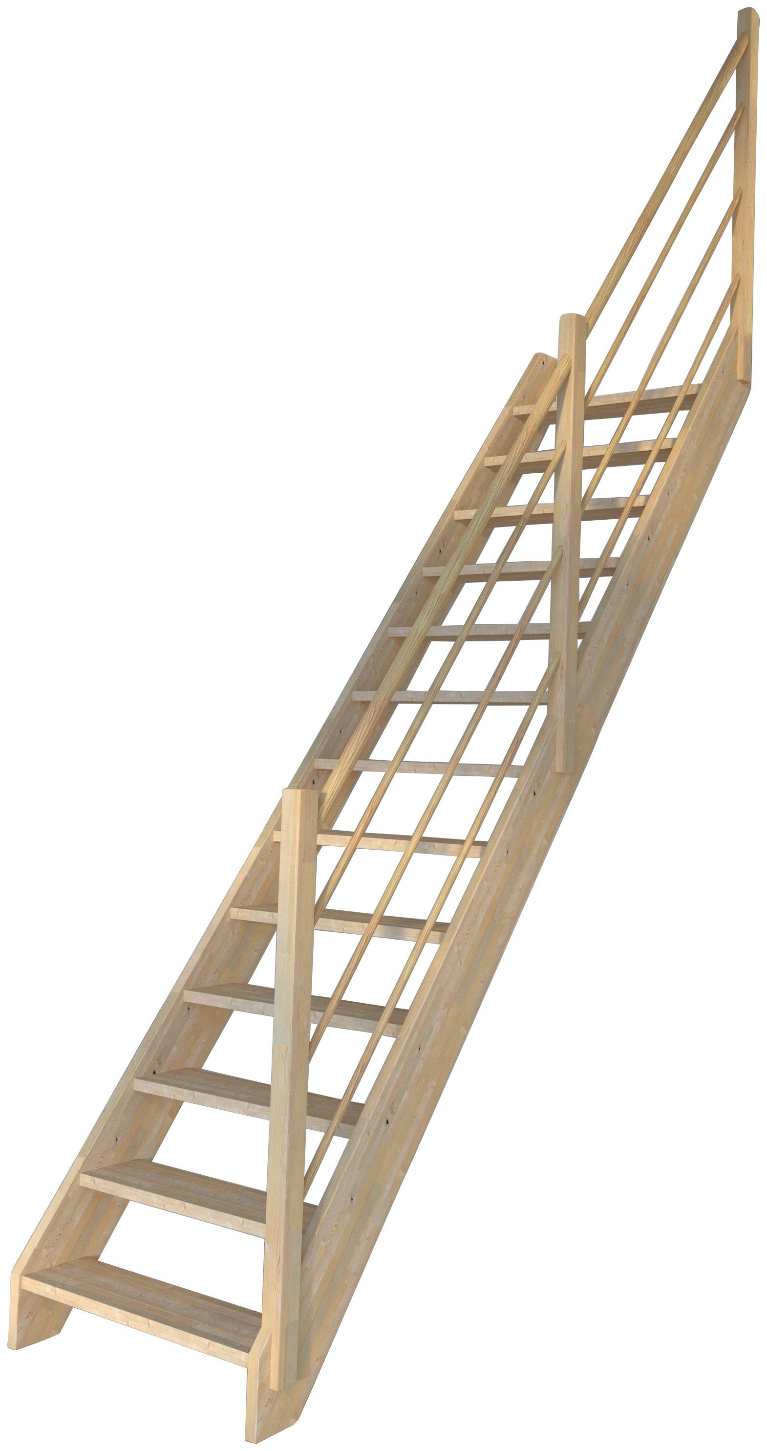 Starwood Raumspartreppe Massivholz Korfu, Holz-Holz Design Geländer Rechts, für Geschosshöhen bis 300 cm, Stufen offen, Durchgehende Wangenteile