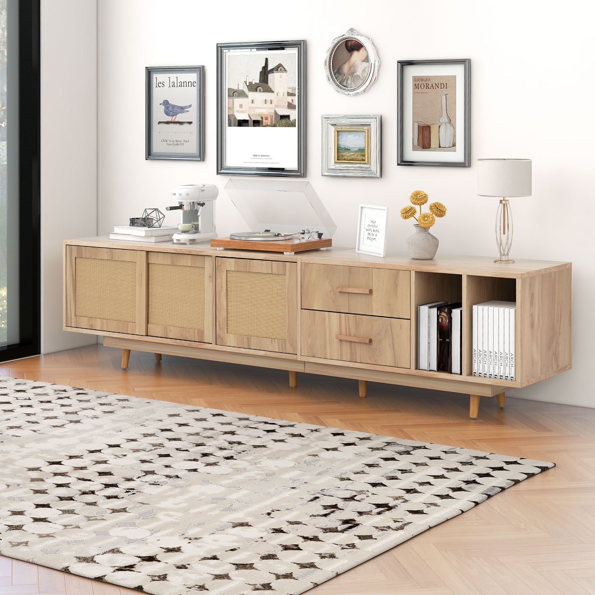 BlingBin TV-Schrank Lowboard TV-Board Rattan-Türdesign Natural Oak Breite 190cm (Mit drei Schränken und zwei Schubladen) Geeignet für Fernsehgeräte bis zu 80 Zoll