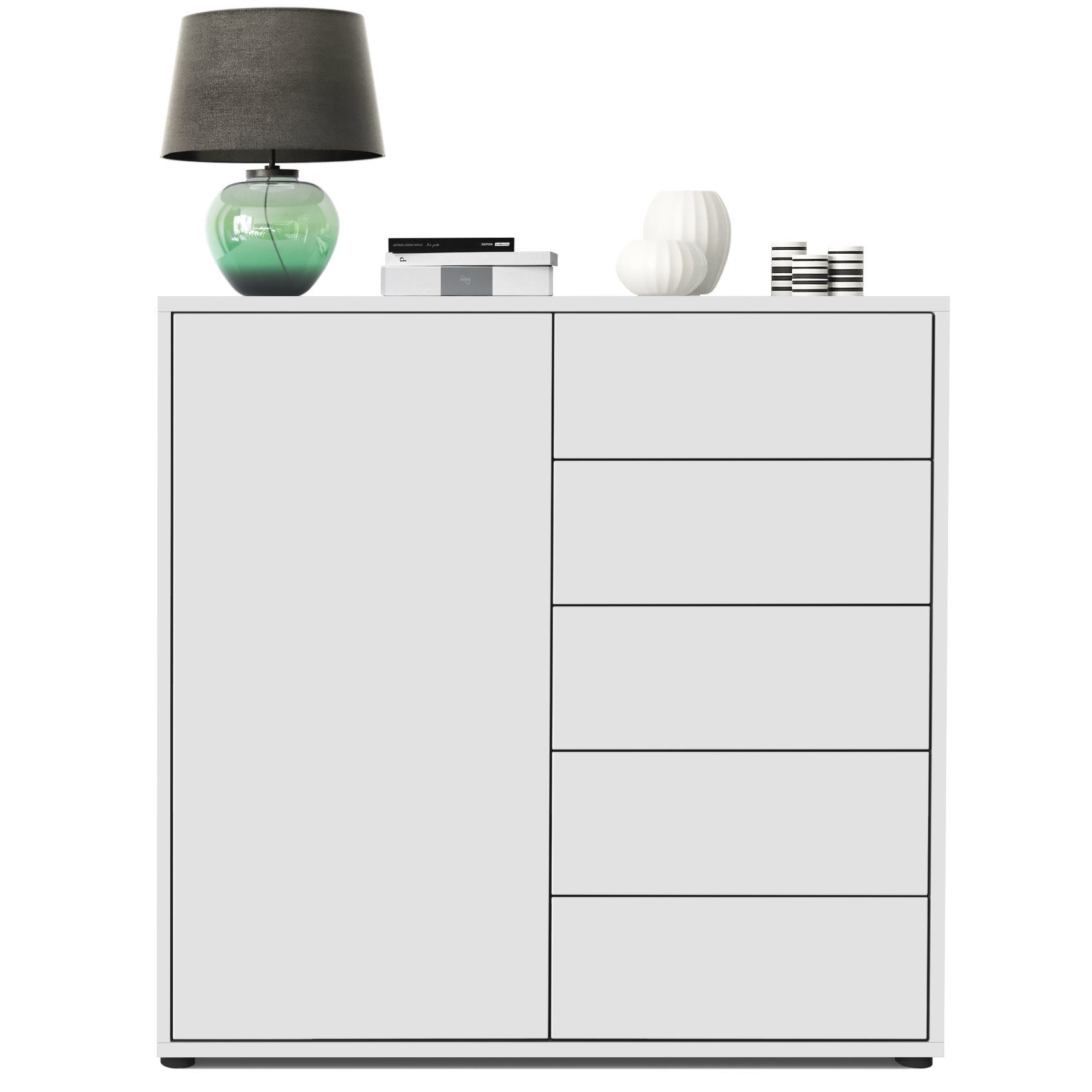 Vladon Kommode Ben (Kommode, mit 1 Tür und 5 Schubladen), Weiß matt/Weiß matt (79 x 74 x 36 cm)