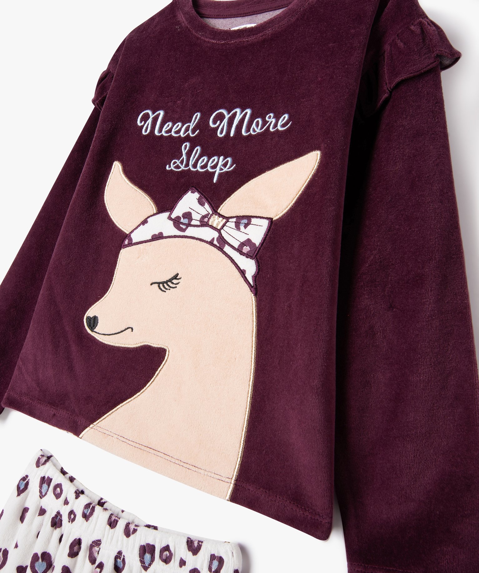 Pyjama en velours à motif biche avec petits volants fille violet fonce | GEMO