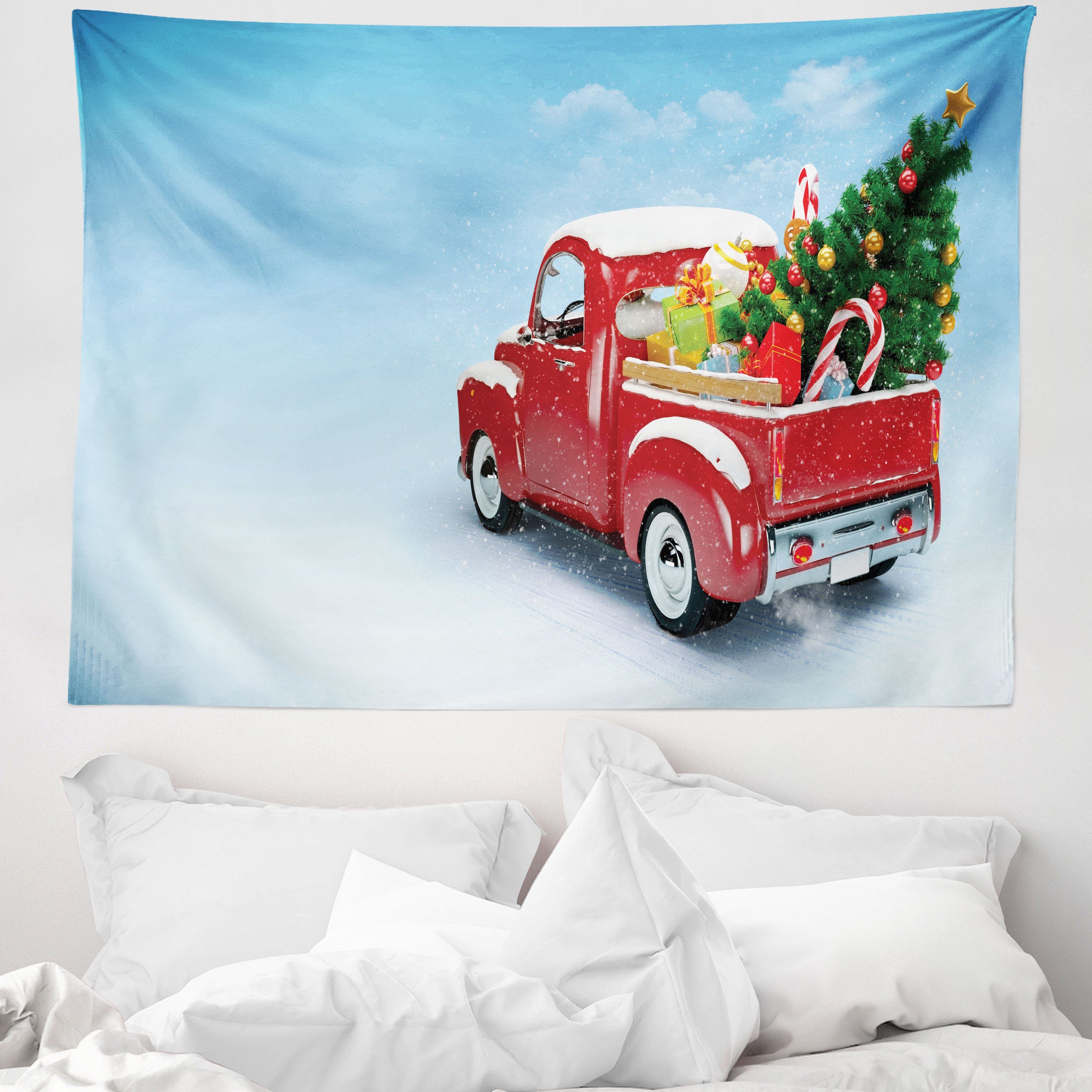 Wandteppich aus Weiches Mikrofaser Stoff Für das Wohn und Schlafzimmer, Abakuhaus, rechteckig, Weihnachten Rot-LKW Weihnachtsbaum