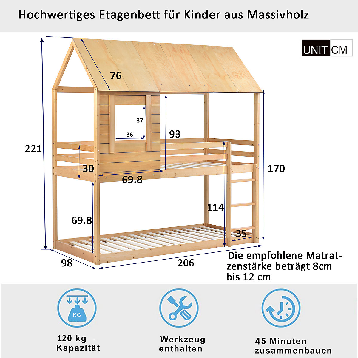 Etagenbett Kinderbett, Holz, Etagenbett 90 X 200 cm, Kinder hausbett, mit Dach, Leiter und Lattenrost