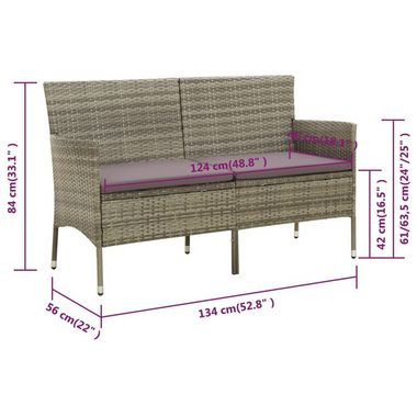 vidaXL Loungesofa Gartensofa 3-Sitzer mit Kissen Grau Poly Rattan, 1 Teile